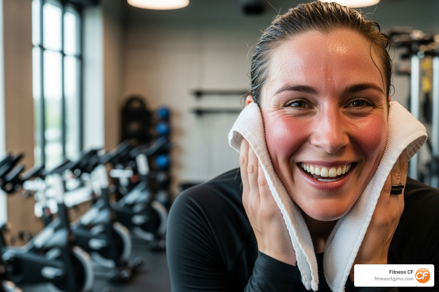 A smiling, happy person toweling off after a spin class, looking invigorated - what are spinning classes