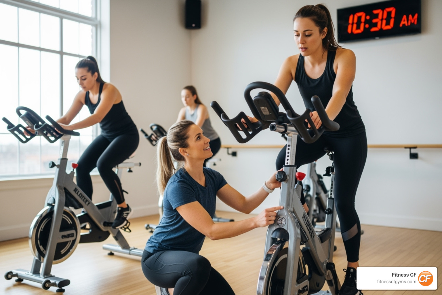 An instructor helping a beginner adjust the seat and handlebars of their spin bike in a well-lit studio - what are spinning classes