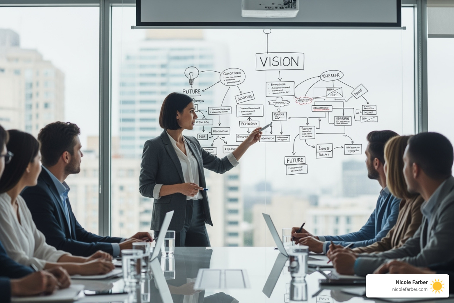 Leader at a whiteboard outlining a vision to their team - Small business leadership