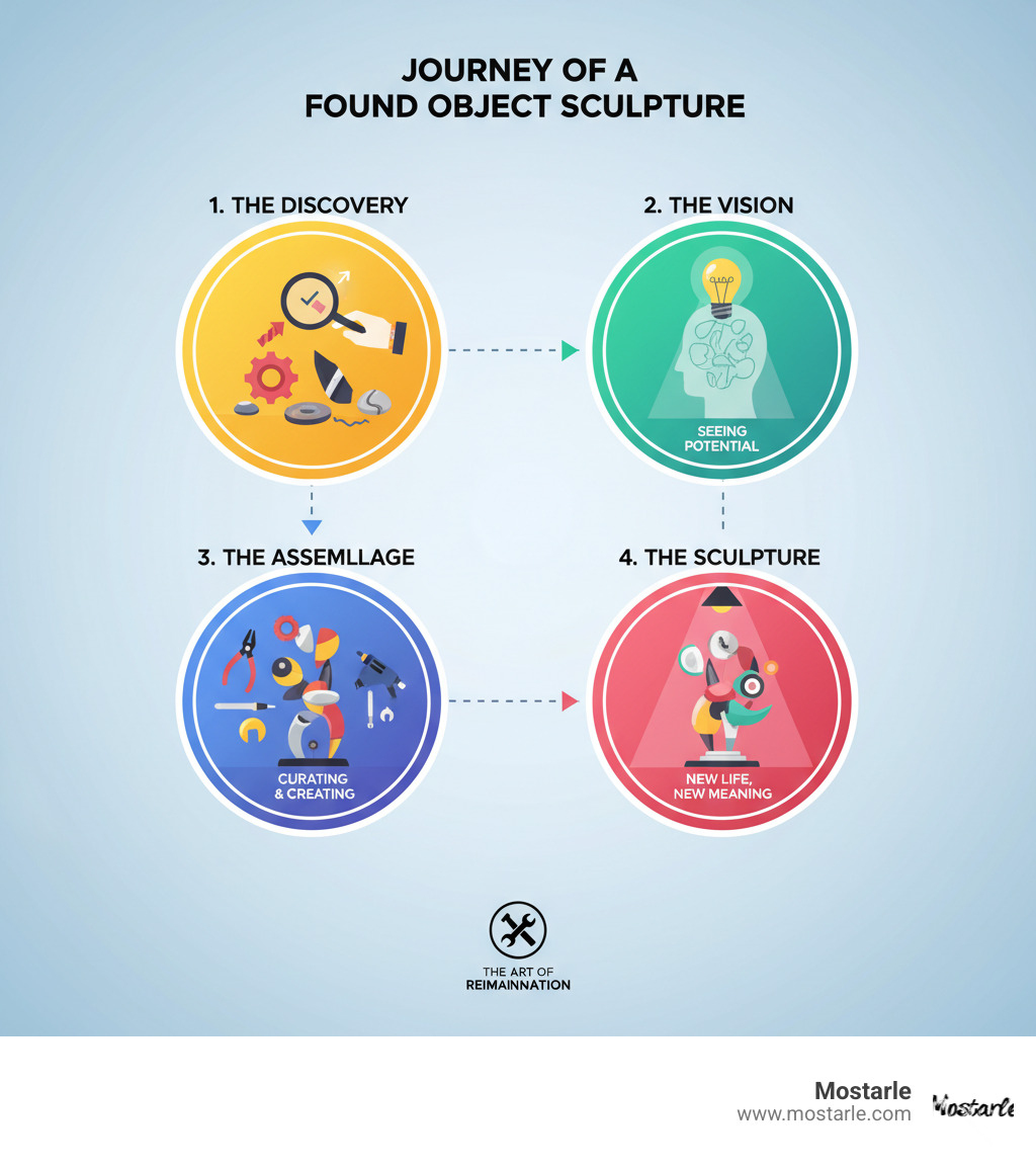 Infographic explaining the journey of a found object from find to a finished sculpture - Found object sculptures infographic 
