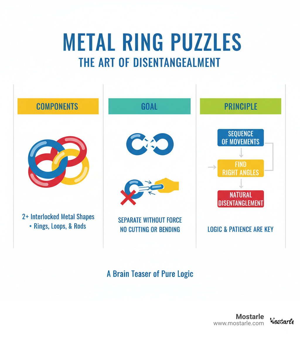 Infographic showing the basic components of metal ring puzzles: two or more interlocked metal rings or shapes, the goal of separating them without force, and the key principle that the solution involves finding the right sequence of movements and angles to allow the pieces to disentangle naturally - metal ring puzzle infographic  Infographic showing the basic components of metal ring puzzles: two or more interlocked metal rings or shapes, the goal of separating them without force, and the key principle that the solution involves finding the right sequence of movements and angles to allow the pieces to disentangle naturally - metal ring puzzle infographic
