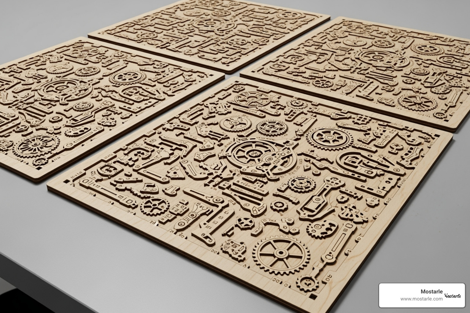 Laser-cut wooden sheets with all 183 pieces ready for assembly - vitascope mechanical gear Laser-cut wooden sheets with all 183 pieces ready for assembly - vitascope mechanical gear