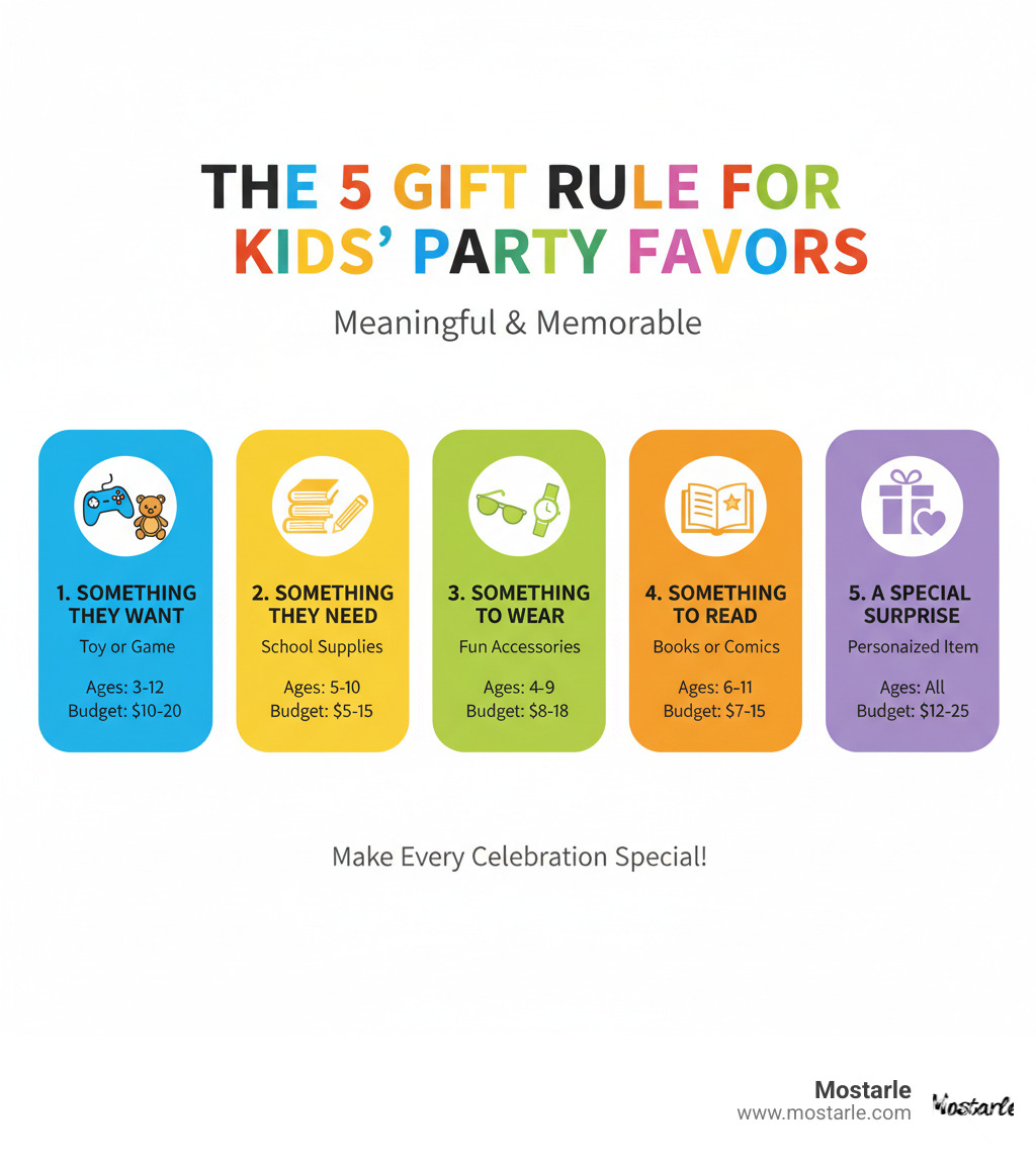 Infographic showing the 5 Gift Rule for kids birthday party return gifts: 1. Something they WANT (toy or game), 2. Something they NEED (school supplies), 3. Something to WEAR (fun accessories), 4. Something to READ (books or comics), 5. A special SURPRISE (personalized item). Include age ranges and budget considerations for each category. - unique return gifts for birthday party infographic 