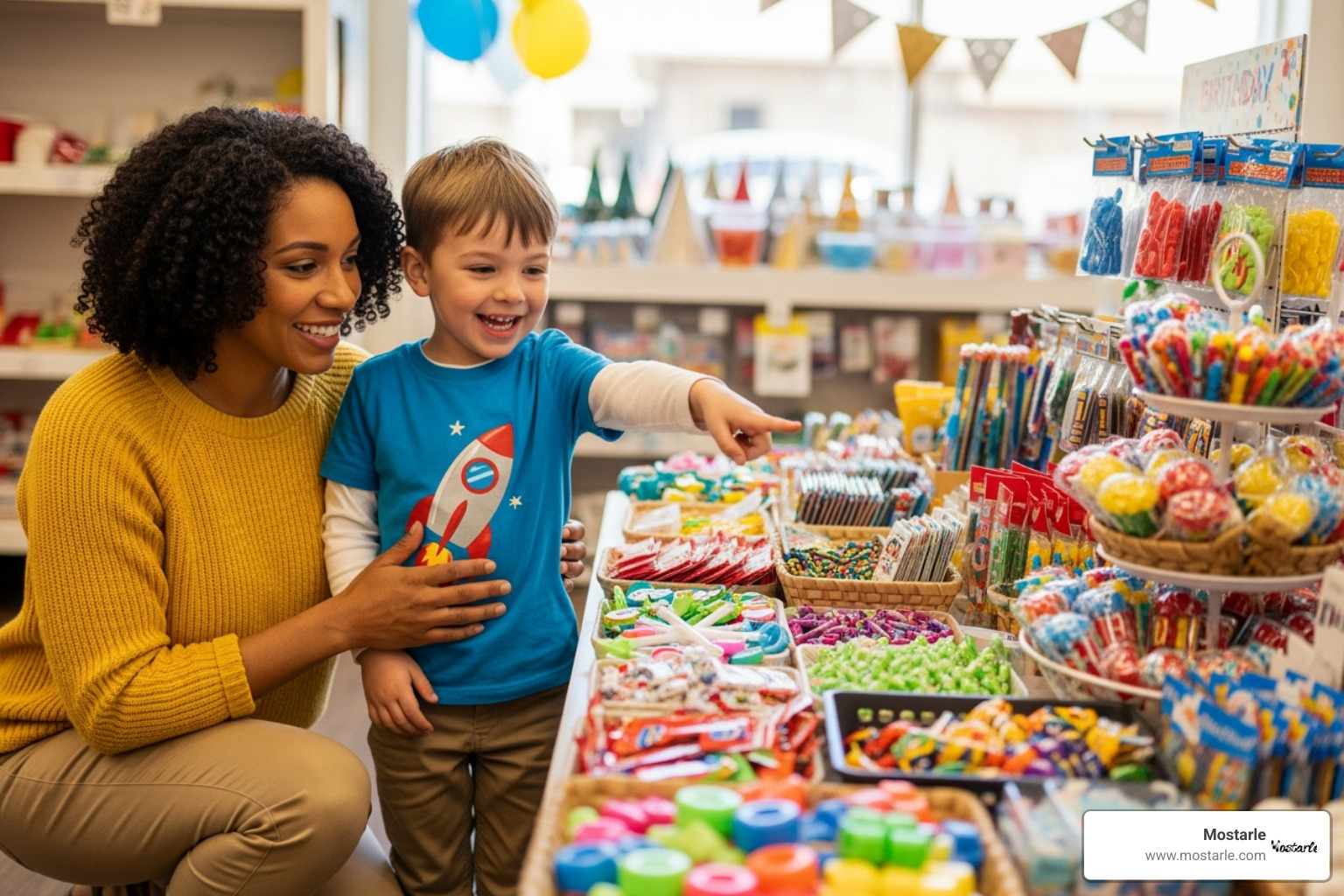 parent and child choosing party favors together - unique return gifts for birthday party