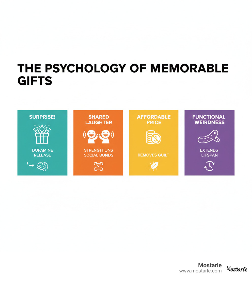 Infographic showing the psychology of memorable gifts: surprise triggers dopamine release, shared laughter strengthens social bonds, affordable price removes guilt, and functional weirdness extends the gift's lifespan in daily use - weird cheap gifts infographic 