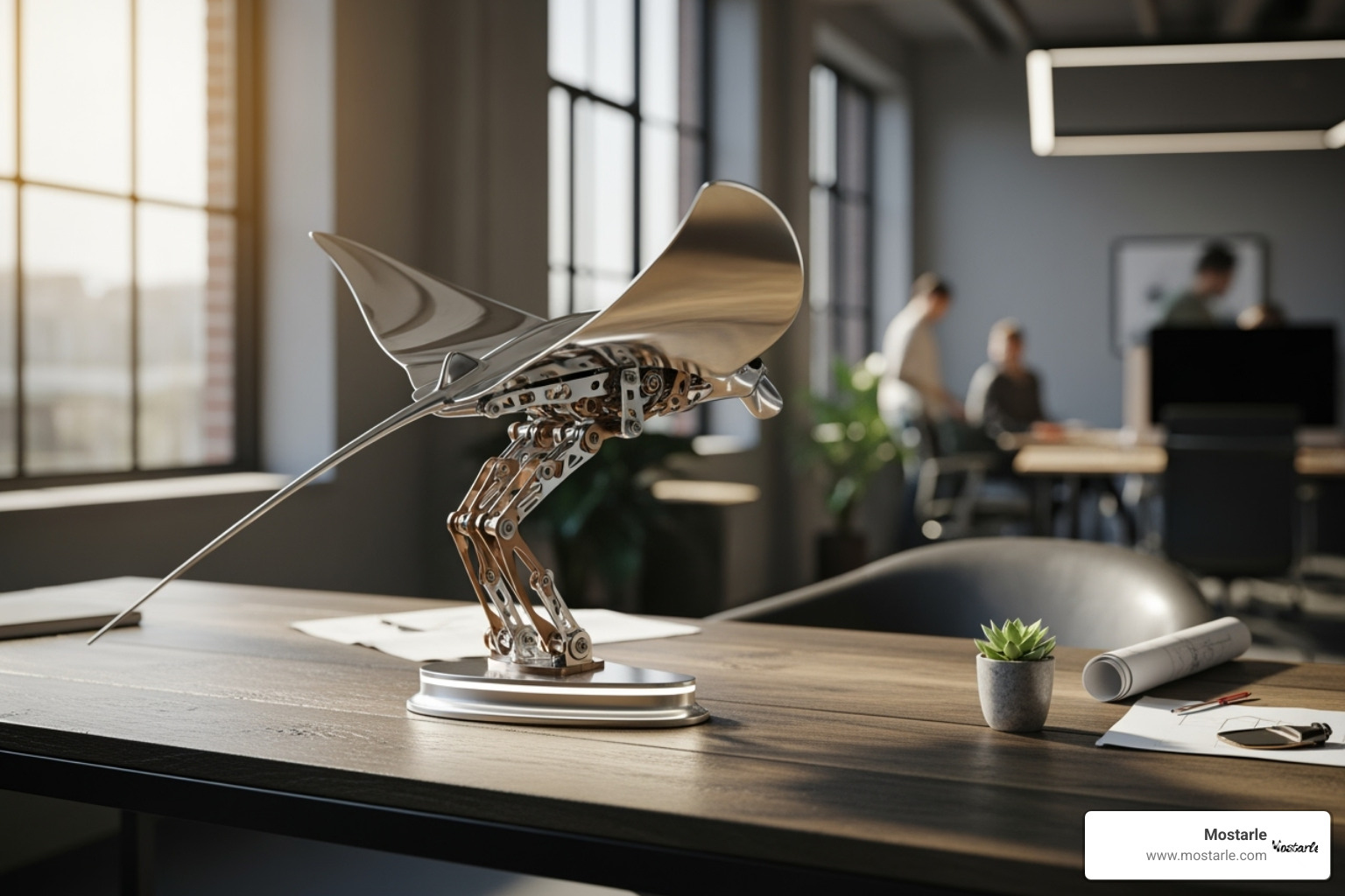 A kinetic mechanical sculpture of a manta ray, crafted from metal, moving gracefully on a modern desk. - unique desk accessories A kinetic mechanical sculpture of a manta ray, crafted from metal, moving gracefully on a modern desk. - unique desk accessories