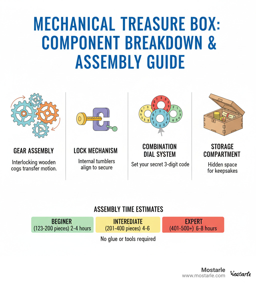 Detailed breakdown of mechanical treasure box components showing gear assembly, lock mechanism, combination dial system, and storage compartment with assembly time estimates for different difficulty levels - mechanical gears 3d wooden puzzle treasure box infographic  Detailed breakdown of mechanical treasure box components showing gear assembly, lock mechanism, combination dial system, and storage compartment with assembly time estimates for different difficulty levels - mechanical gears 3d wooden puzzle treasure box infographic