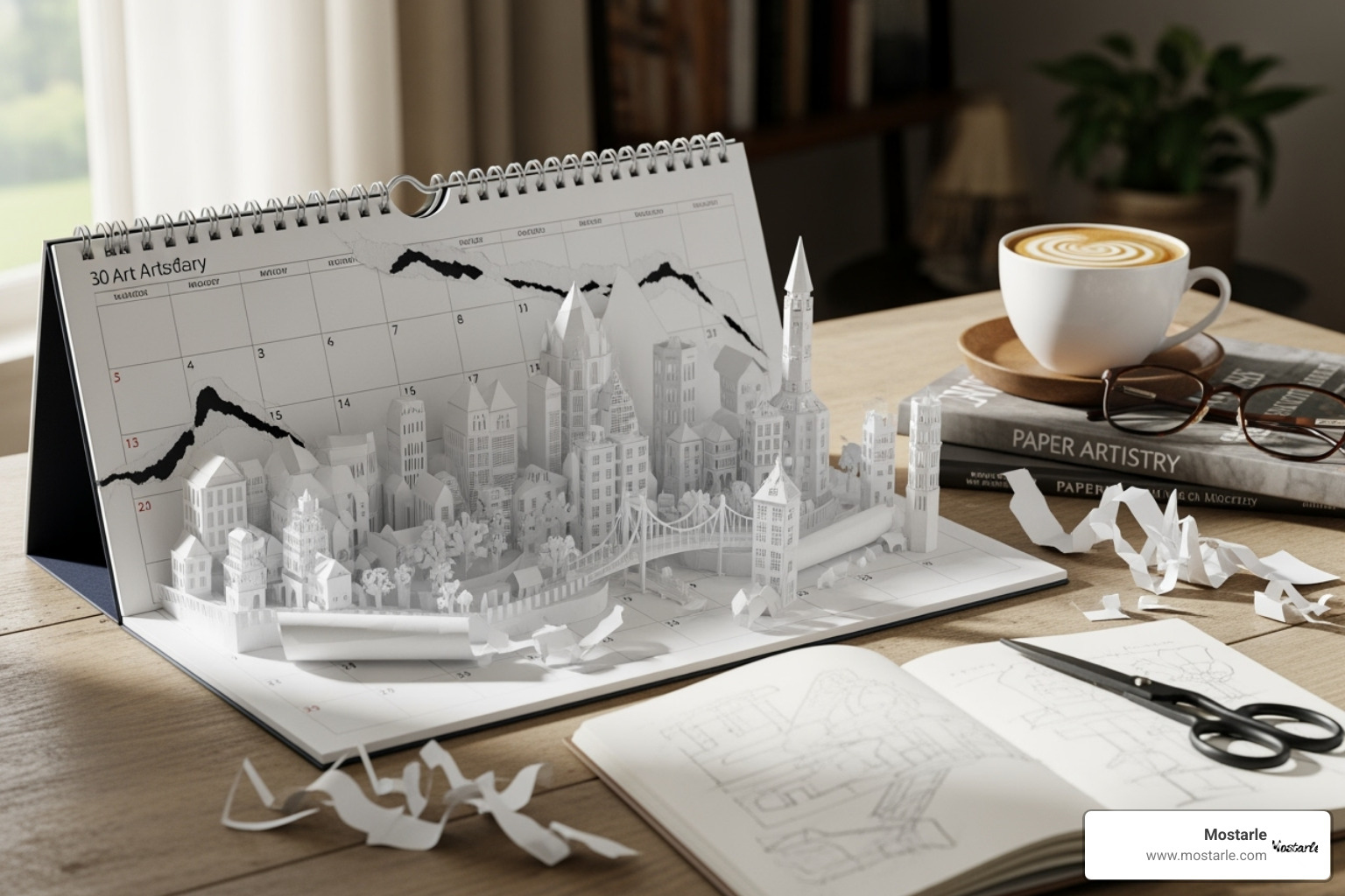 A 3D art calendar partially revealed, showing an intricate paper sculpture taking shape on a desk. - unique desk accessories A 3D art calendar partially revealed, showing an intricate paper sculpture taking shape on a desk. - unique desk accessories