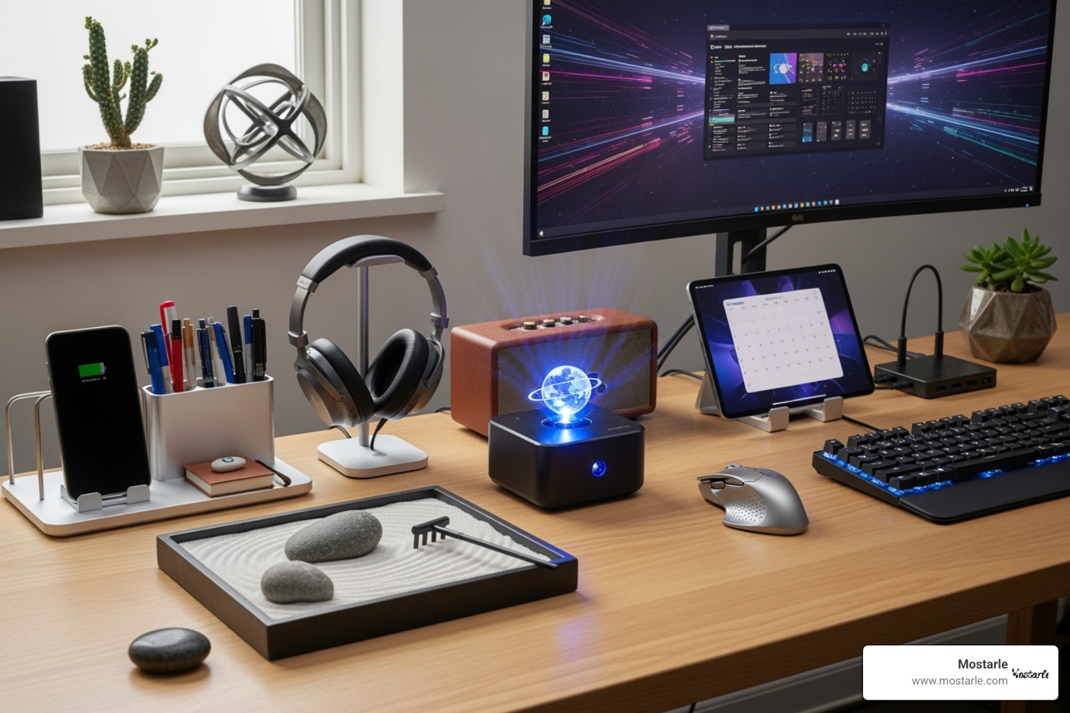 A collection of diverse and unique Mostarle desk accessories, including tech gadgets, organizers, mindful tools, and decorative items. - unique desk accessories A collection of diverse and unique Mostarle desk accessories, including tech gadgets, organizers, mindful tools, and decorative items. - unique desk accessories