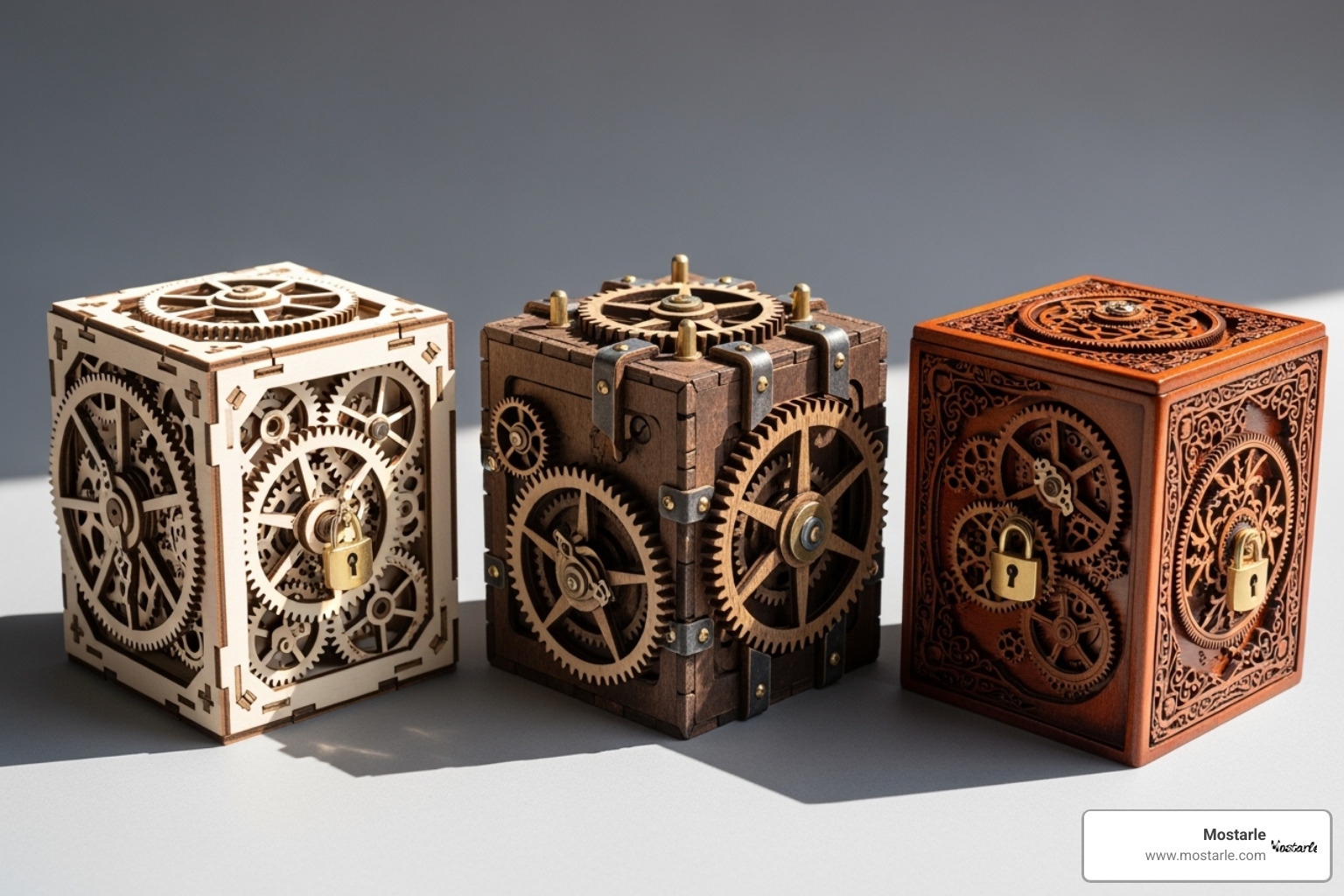 Three different styles of wooden puzzle boxes side-by-side - mechanical gears 3d wooden puzzle treasure box Three different styles of wooden puzzle boxes side-by-side - mechanical gears 3d wooden puzzle treasure box