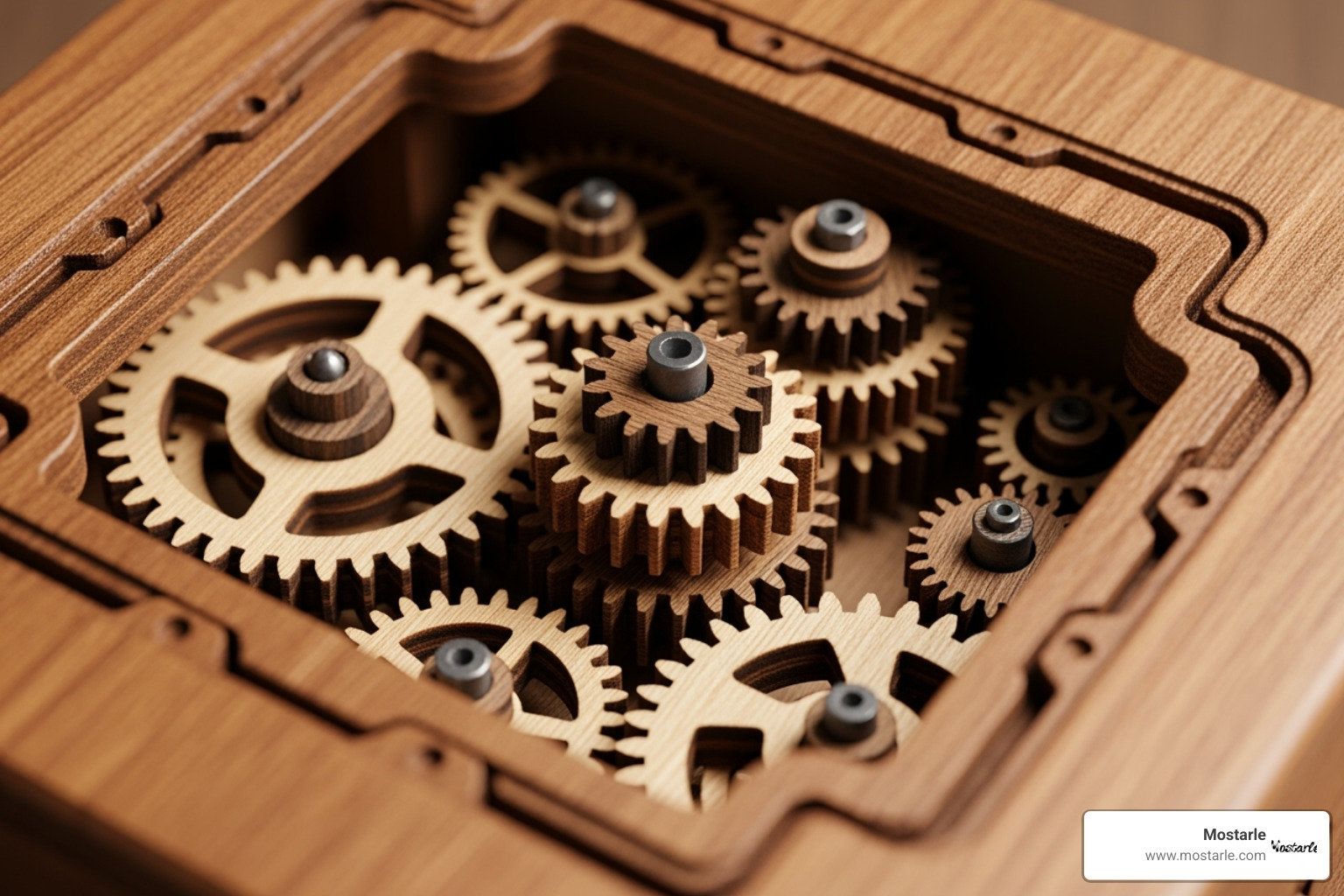 Intricate gear work visible on a puzzle box - mechanical gears 3d wooden puzzle treasure box Intricate gear work visible on a puzzle box - mechanical gears 3d wooden puzzle treasure box