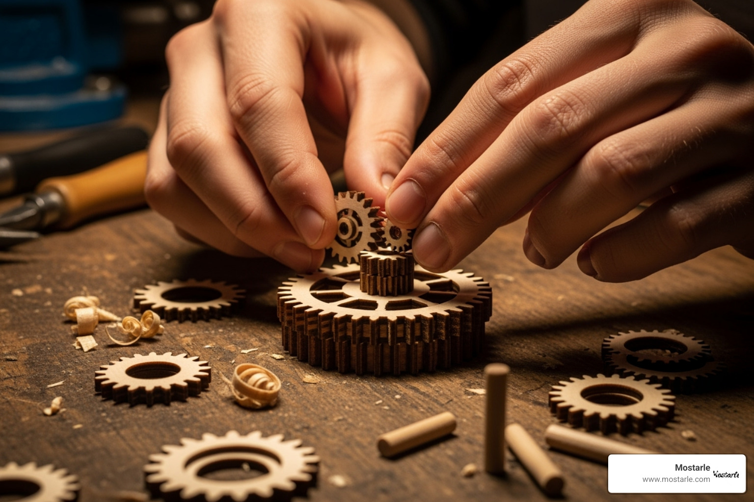 Hands carefully assembling a wooden gear mechanism - mechanical gears 3d wooden puzzle treasure box Hands carefully assembling a wooden gear mechanism - mechanical gears 3d wooden puzzle treasure box