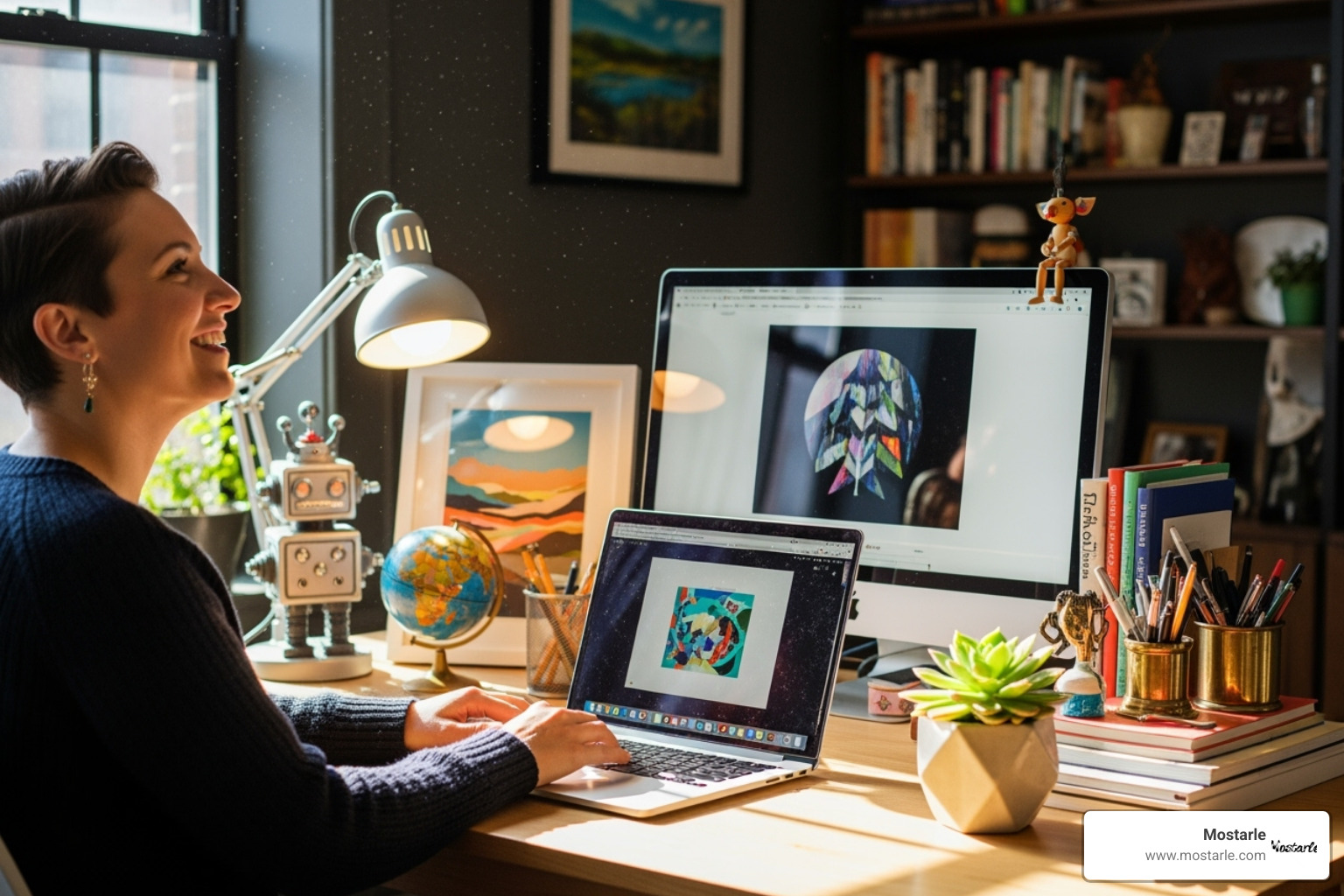 A person happily working at their personalized desk, surrounded by unique and inspiring accessories, with natural light streaming in. - unique desk accessories A person happily working at their personalized desk, surrounded by unique and inspiring accessories, with natural light streaming in. - unique desk accessories