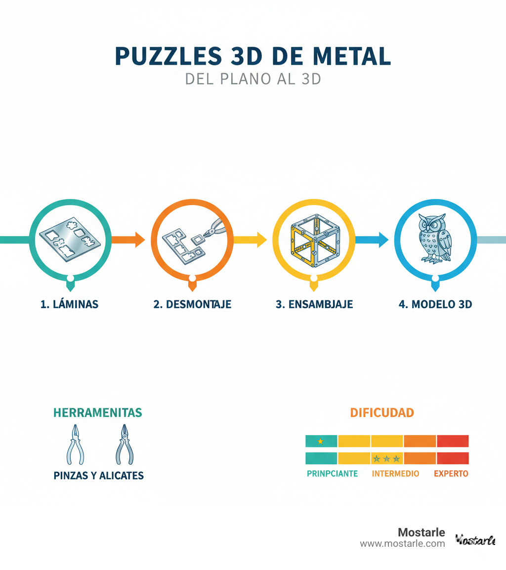 Infographic showing the change process from flat metal sheets to 3D model through tab-and-slot assembly system, including tools needed and difficulty levels - 3d metal puzzles en español infographic 