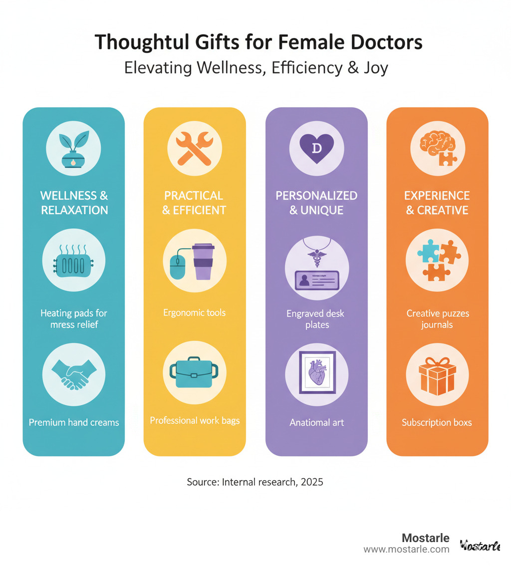 Infographic showing four main gift categories for female doctors: Wellness gifts like aromatherapy and heating pads for stress relief, Practical gifts including ergonomic tools and professional bags for daily efficiency, Personalized gifts such as custom jewelry and desk accessories for individual recognition, and Experience gifts like creative puzzles and subscriptions for meaningful downtime - unique gifts for female doctors infographic Infographic showing four main gift categories for female doctors: Wellness gifts like aromatherapy and heating pads for stress relief, Practical gifts including ergonomic tools and professional bags for daily efficiency, Personalized gifts such as custom jewelry and desk accessories for individual recognition, and Experience gifts like creative puzzles and subscriptions for meaningful downtime - unique gifts for female doctors infographic