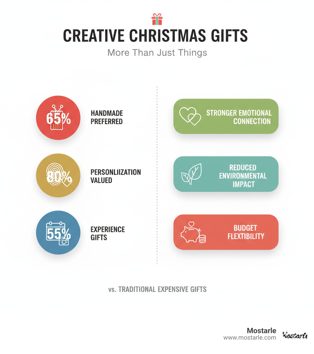 Infographic showing the benefits of creative Christmas gifts: 65% prefer handmade gifts, 80% value personalization, 55% want experience gifts, plus benefits like stronger emotional connection, reduced environmental impact, and budget flexibility compared to traditional expensive gifts - creative Christmas gifts infographic 
