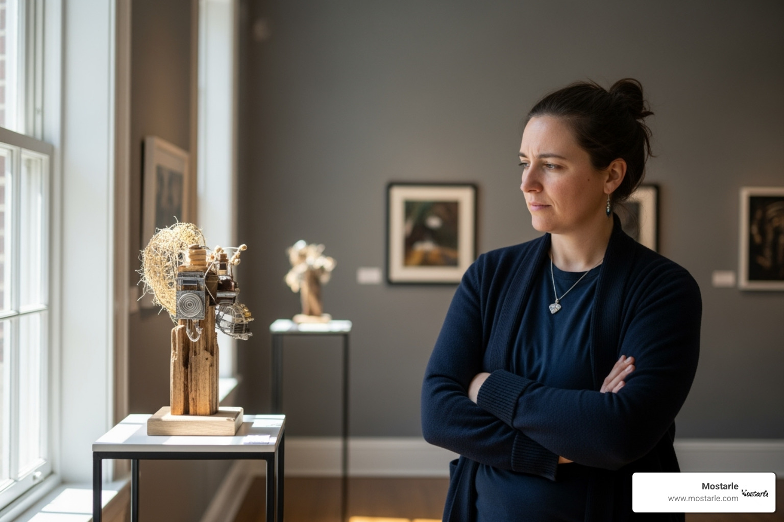 A person with a thoughtful expression admiring a small, intricately crafted sustainable art piece in a well-lit gallery setting - Sustainable art pieces