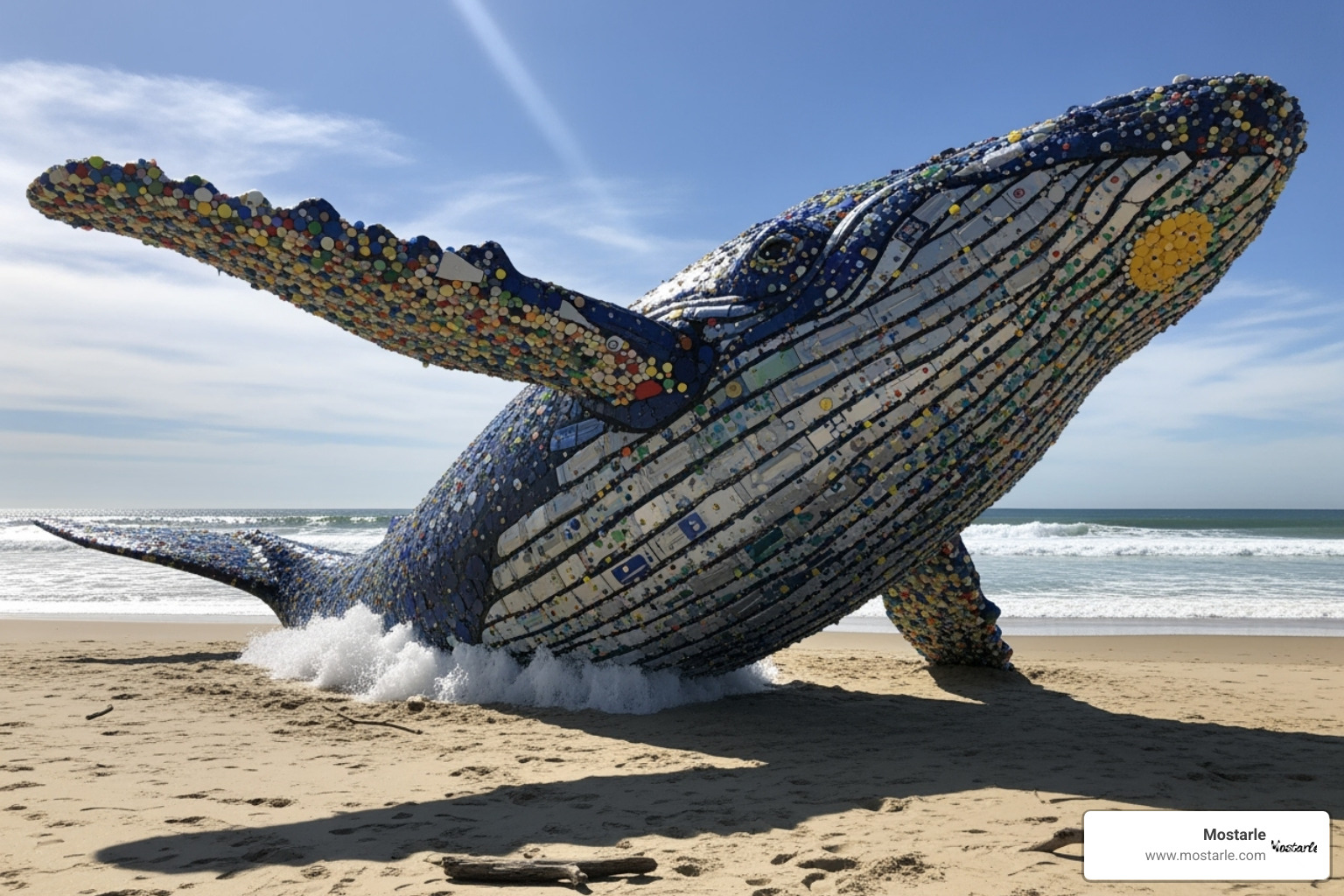 A large-scale sculpture made from reclaimed plastic waste, resembling a marine animal, on a beach - Sustainable art pieces