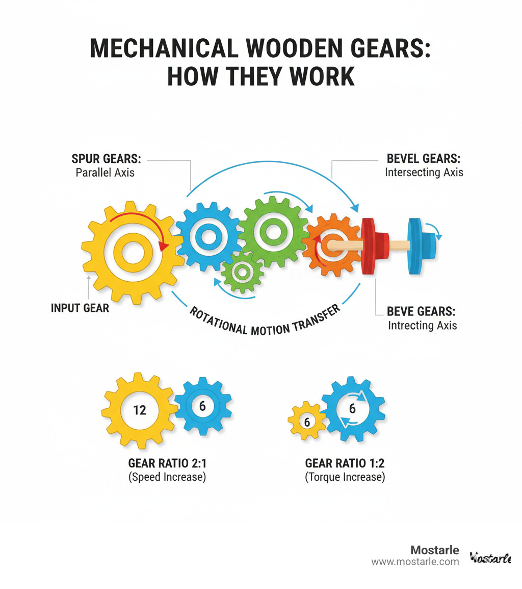 Infographic showing the basic mechanics of wooden gear puzzles: how interlocking wooden gears transfer rotational motion from input gear through multiple connected gears to create complex mechanical movements, with labels for spur gears, bevel gears, and gear ratios - mechanical gears wooden puzzles infographic Infographic showing the basic mechanics of wooden gear puzzles: how interlocking wooden gears transfer rotational motion from input gear through multiple connected gears to create complex mechanical movements, with labels for spur gears, bevel gears, and gear ratios - mechanical gears wooden puzzles infographic