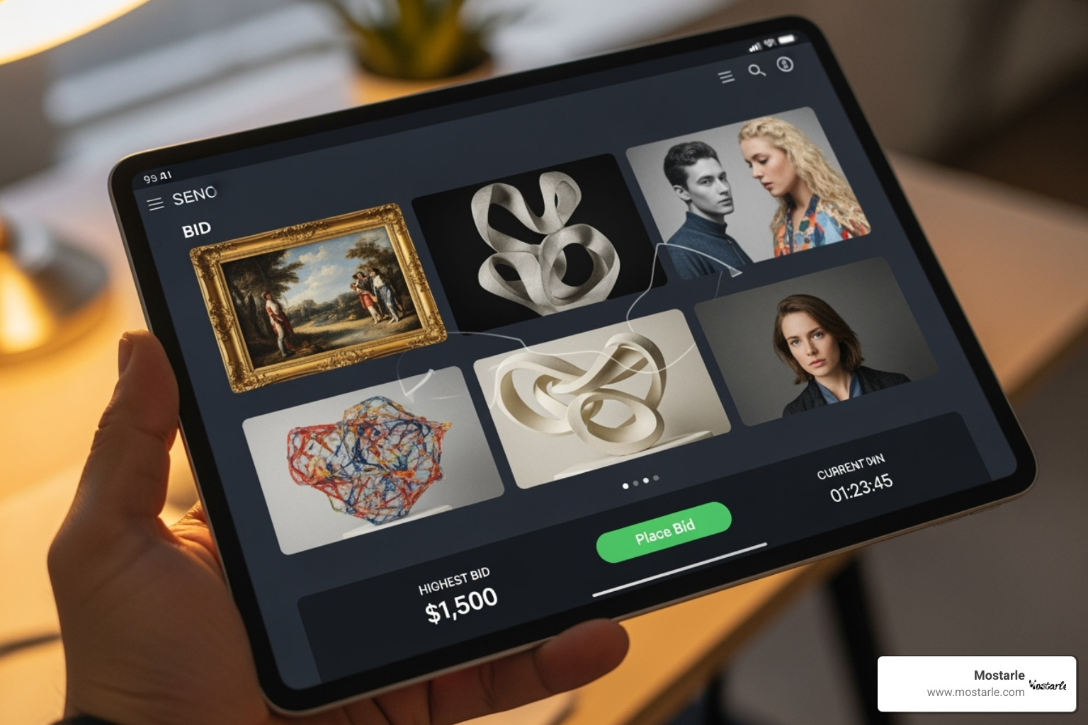 An online art auction website on a tablet - Art for collectors