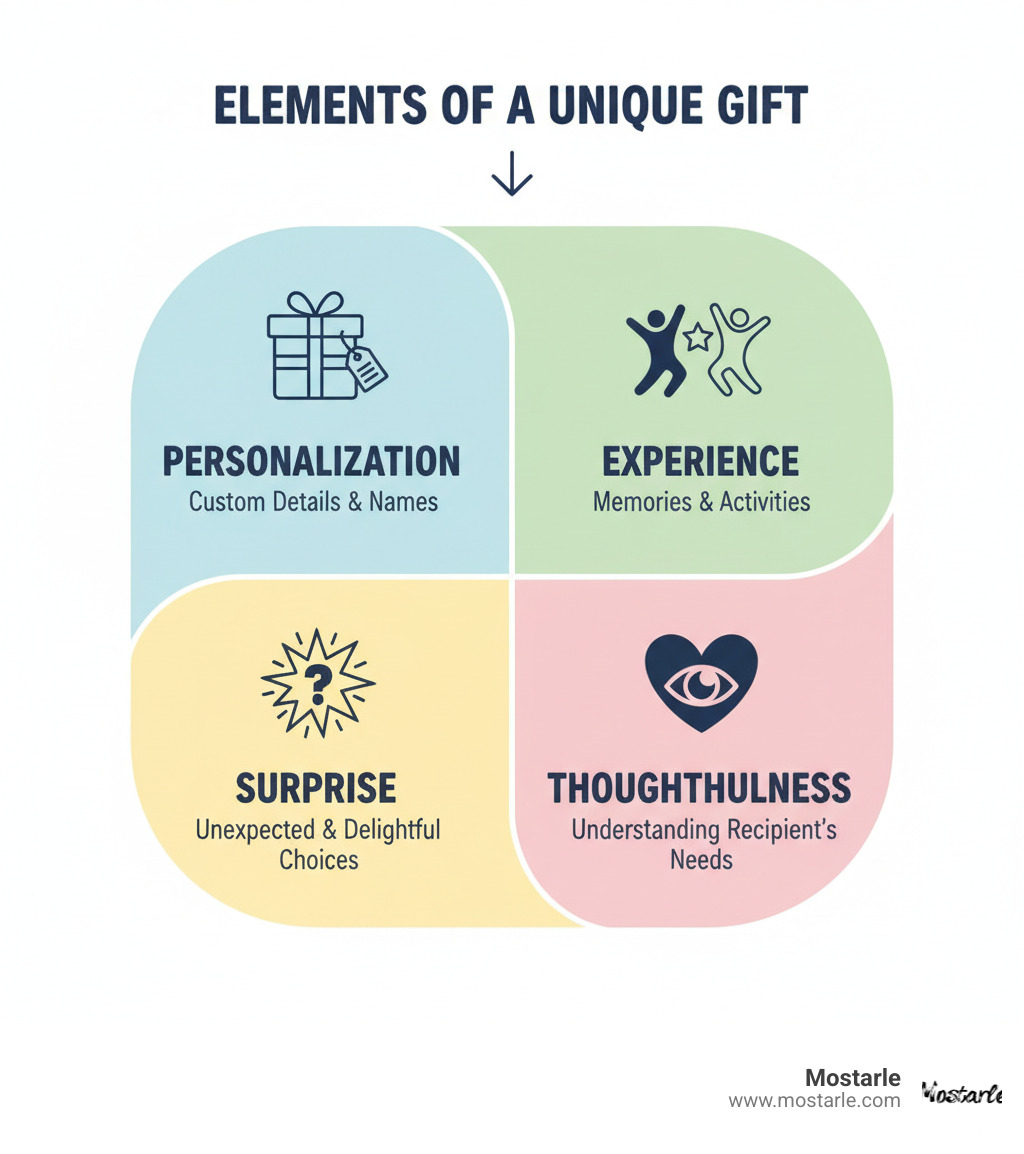 Infographic showing the four key elements that make gifts unique: Personalization through custom details and names, Experience through memories and activities, Surprise through unexpected and delightful choices, and Thoughtfulness through understanding the recipient's interests and needs - unique gift ideas infographic 