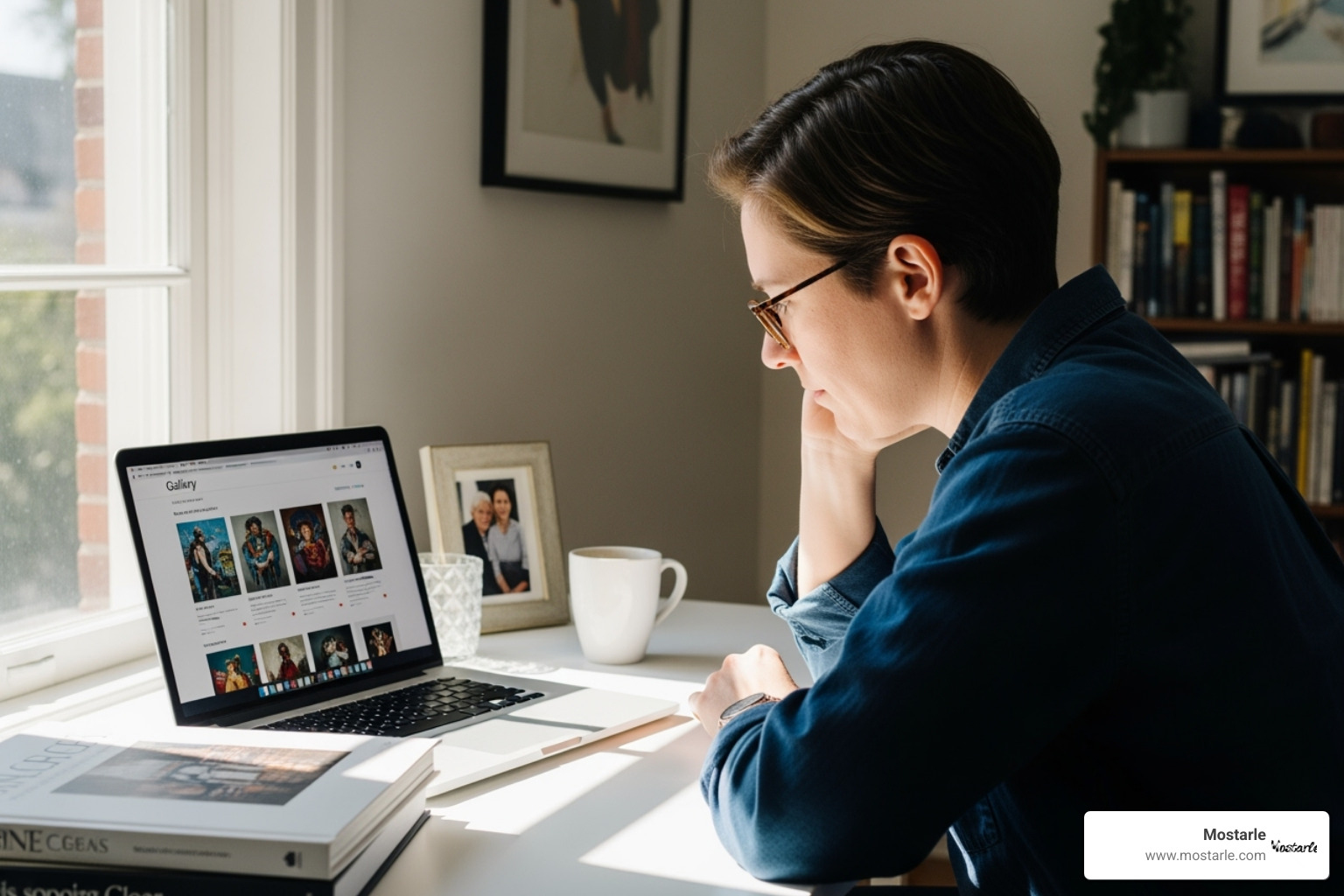 Someone researching art on a laptop with a gallery website visible - Art for collectors