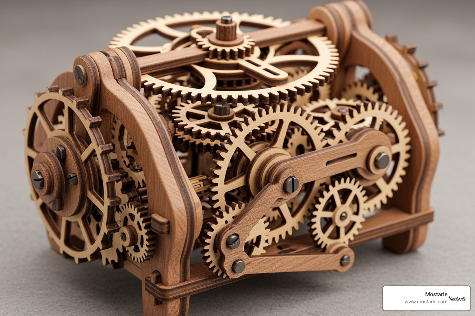 a completed Mostarle mechanical gears wooden puzzle, perhaps a clock, showing its intricate gears and smooth operation - mechanical gears wooden puzzles a completed Mostarle mechanical gears wooden puzzle, perhaps a clock, showing its intricate gears and smooth operation - mechanical gears wooden puzzles