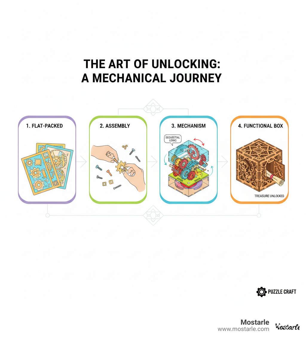 Detailed infographic showing the complete journey of a mechanical 3D puzzle box from flat-packed laser-cut sheets through assembly stages to final functional puzzle box with visible gears, levers, and secret compartments - mechanical 3d puzzle box infographic 
