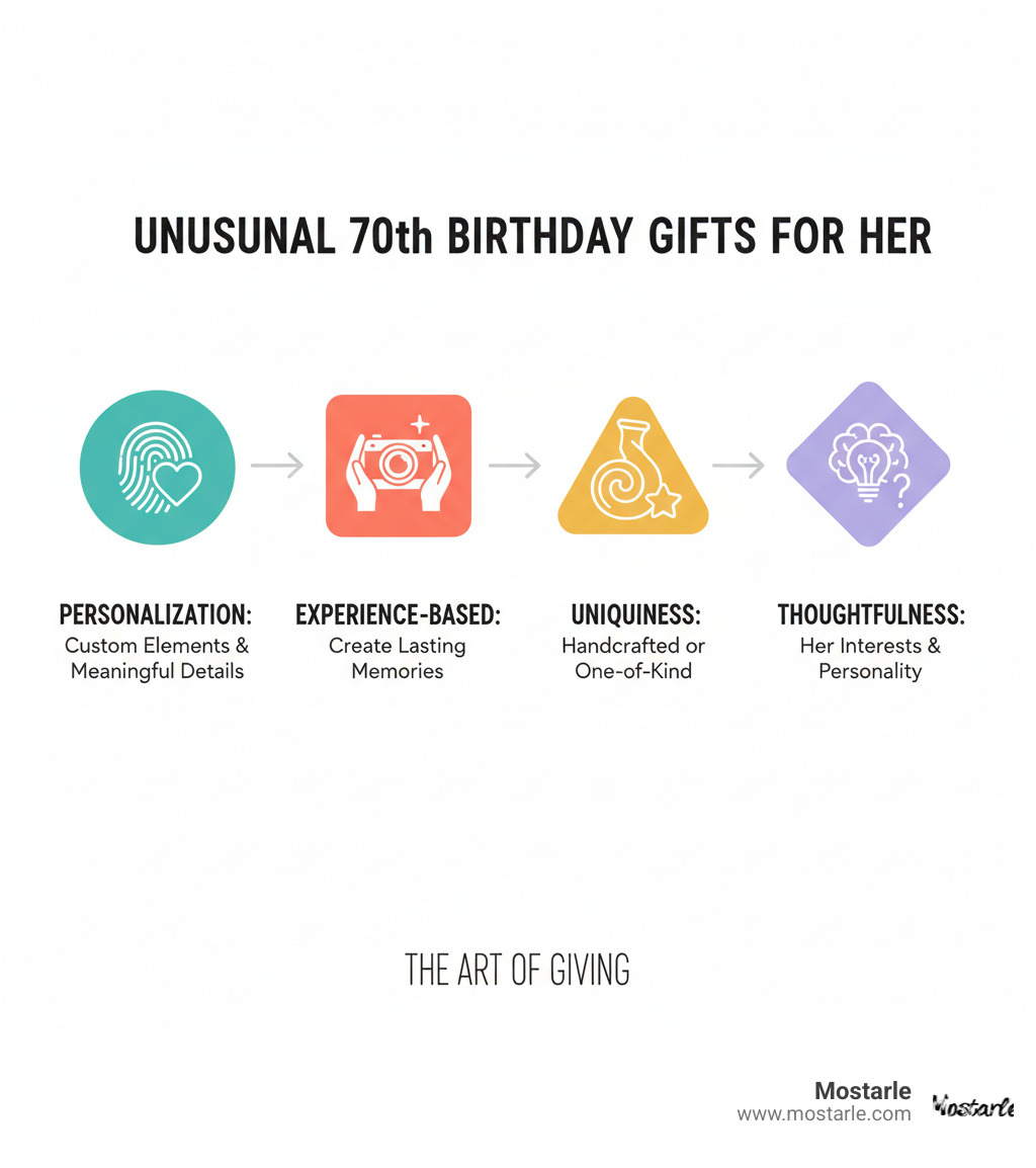 Infographic showing four key elements that make a 70th birthday gift unusual: Personalization through custom elements and meaningful details, Experience-based gifts that create lasting memories, Uniqueness in handcrafted or one-of-a-kind items, and Thoughtfulness in considering her specific interests and personality - unusual 70th birthday gifts for her infographic 