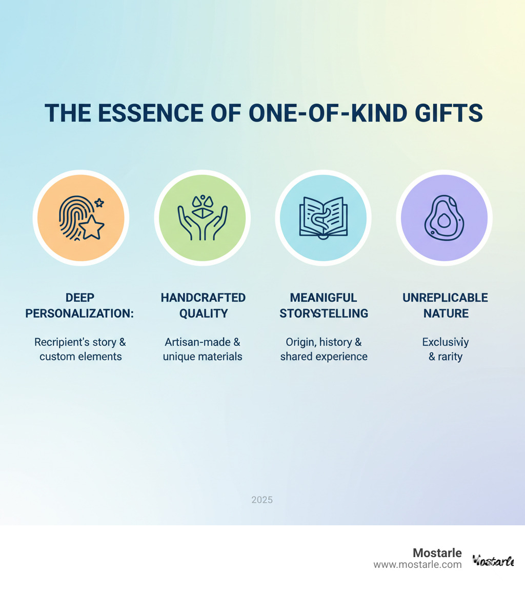 Infographic showing four key elements of one-of-a-kind gifts: Deep Personalization (custom elements reflecting recipient's story), Handcrafted Quality (artisan-made with unique materials), Meaningful Storytelling (compelling origin or shared experience), and Unreplicable Nature (cannot be easily found elsewhere) - one-of-a-kind presents infographic 