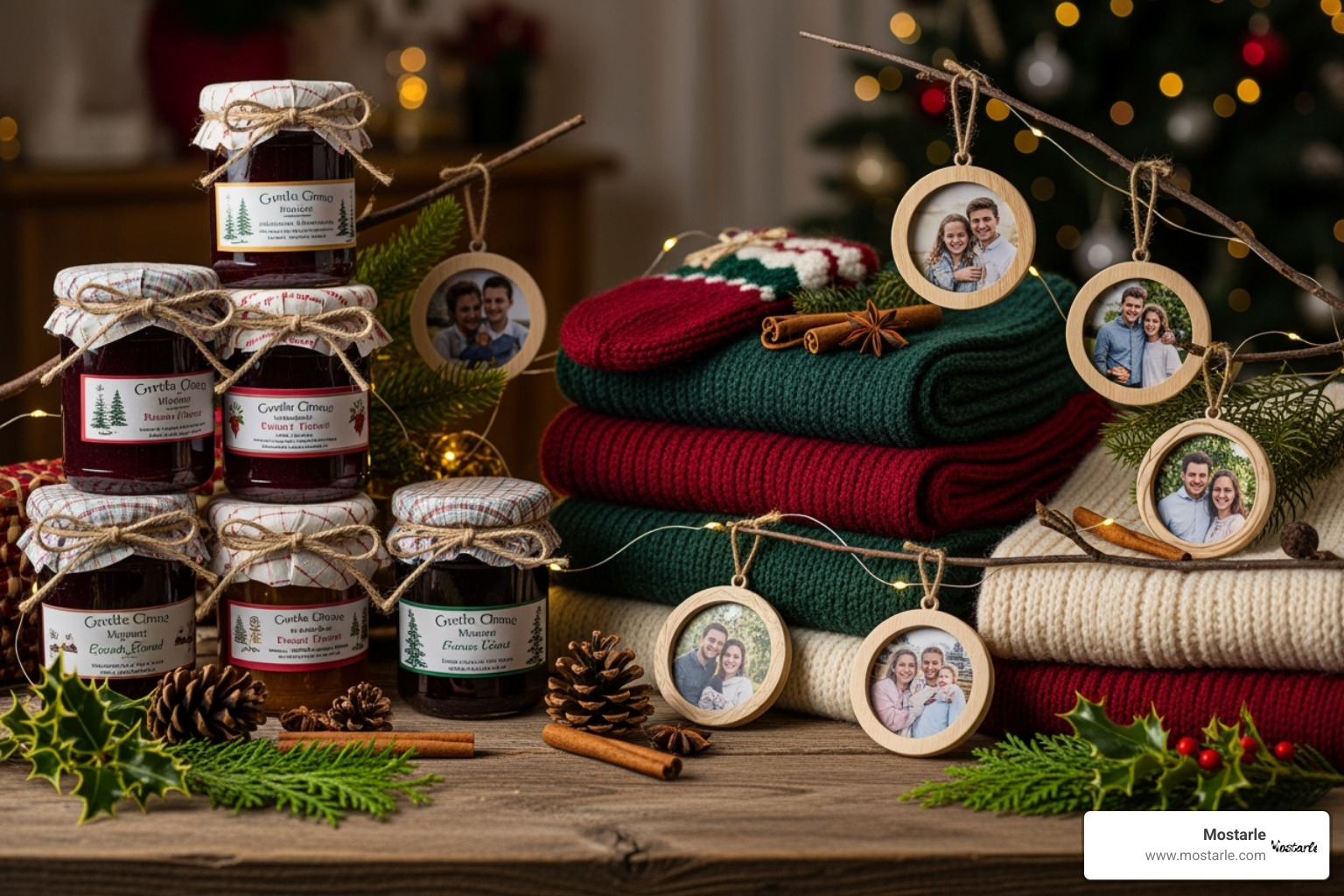 assorted handmade gifts like jars of jam, knitted items, and photo ornaments - creative Christmas gifts