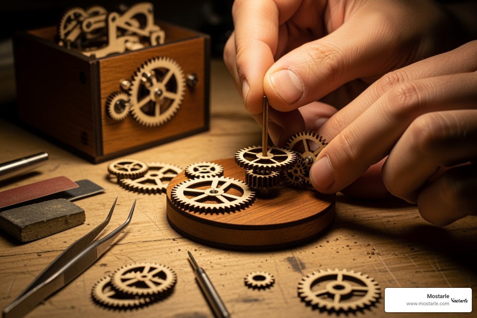 hands assembling a wooden gear mechanism - mechanical 3d puzzle box