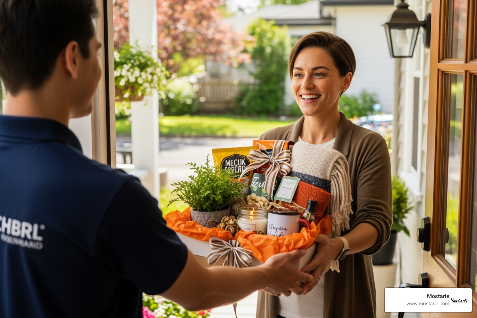 person happily receiving a unique gift basket at their door - unique gift baskets for delivery