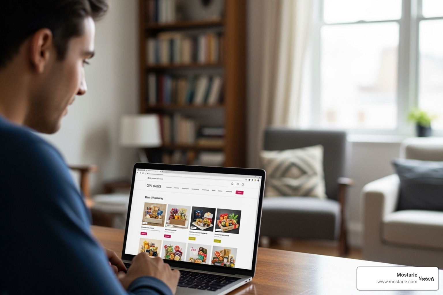 person looking at gift basket options on laptop - unique gift baskets for delivery