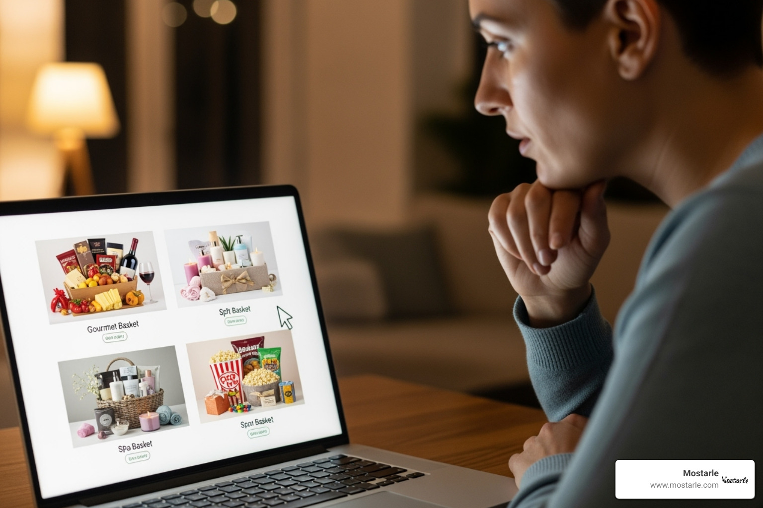 person thoughtfully looking at laptop screen displaying gift basket options - unique gift baskets for delivery