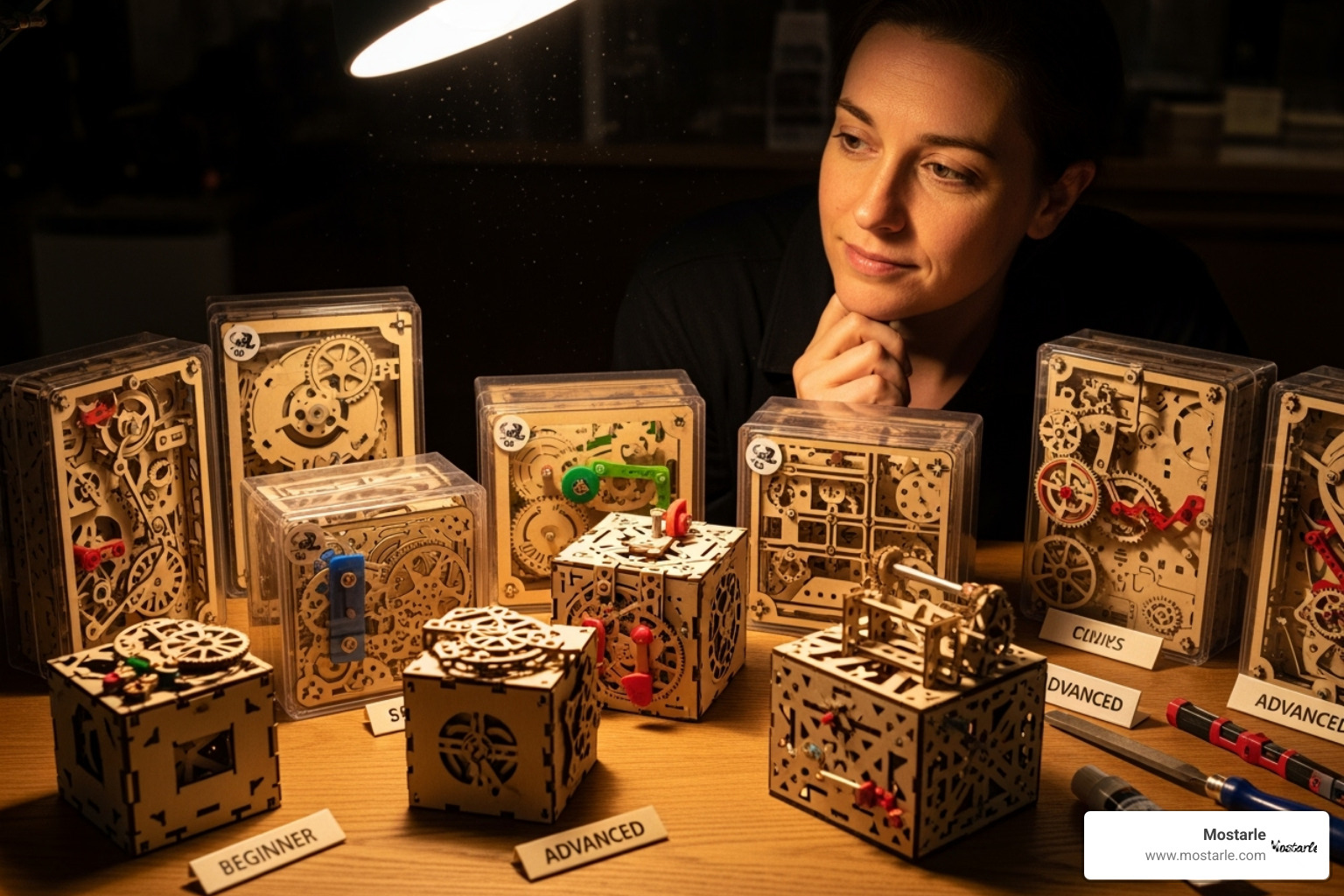 person looking at different mechanical 3d puzzle box kits - mechanical 3d puzzle box