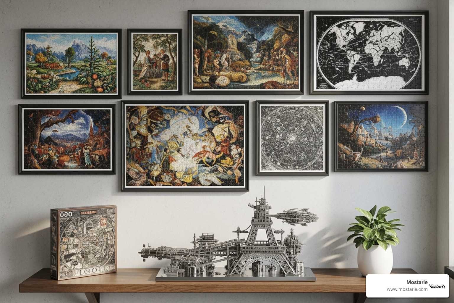 Image of a collection of finished puzzles, including a 3D metal model, displayed as art - adult puzzles