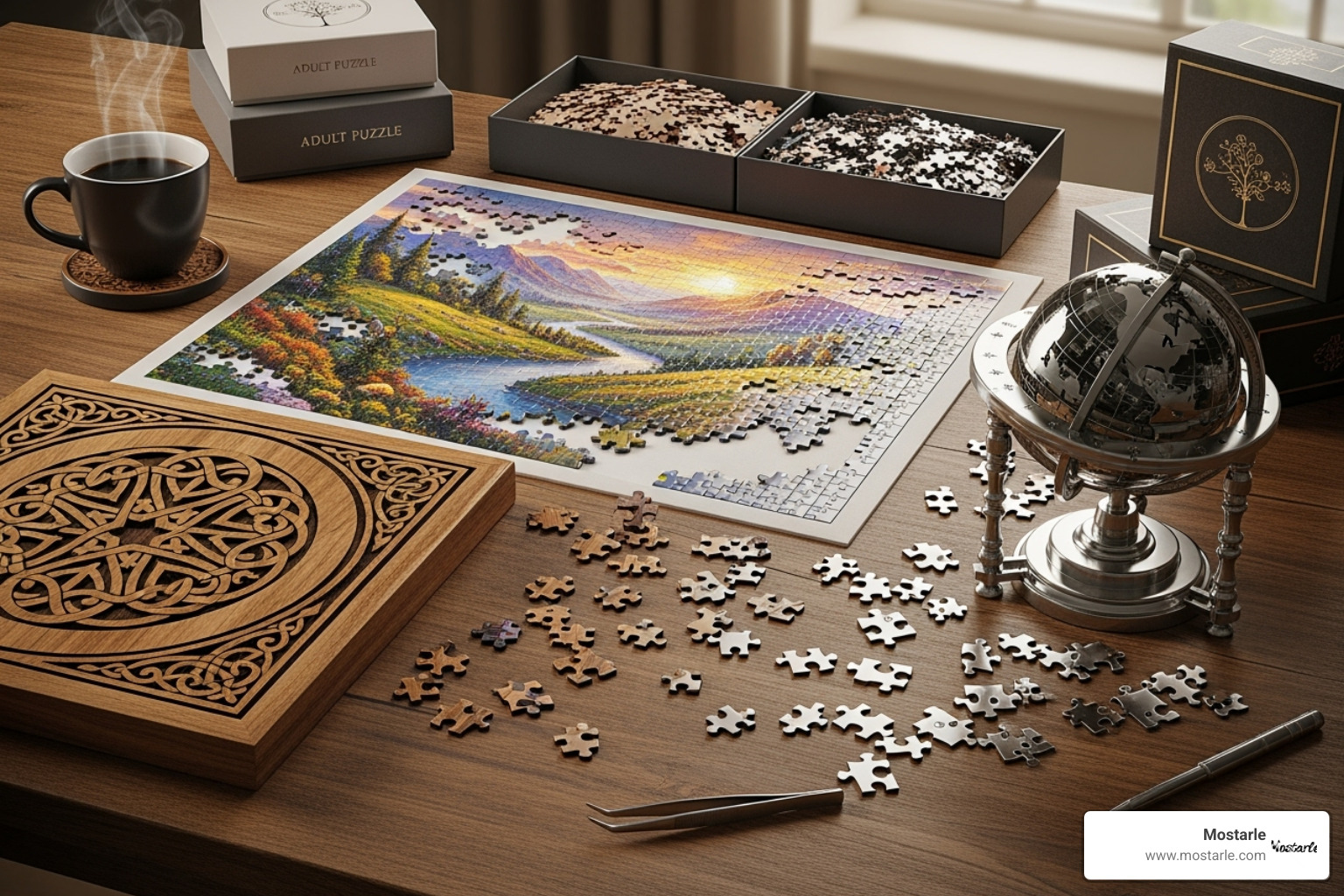 Image showcasing a variety of puzzle types like a traditional jigsaw, a wooden puzzle, and a 3D metal model - adult puzzles