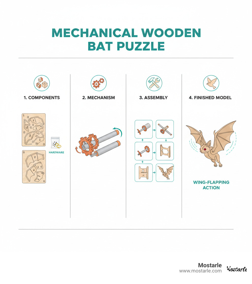 Detailed breakdown of mechanical wooden puzzle components including laser-cut plywood sheets with numbered pieces, gear wheels and axles for movement mechanisms, assembly instructions with step-by-step diagrams, small hardware like pins and rubber bands, and finished bat model showing wing-flapping action - mechanical 3d wooden puzzle bat infographic Detailed breakdown of mechanical wooden puzzle components including laser-cut plywood sheets with numbered pieces, gear wheels and axles for movement mechanisms, assembly instructions with step-by-step diagrams, small hardware like pins and rubber bands, and finished bat model showing wing-flapping action - mechanical 3d wooden puzzle bat infographic