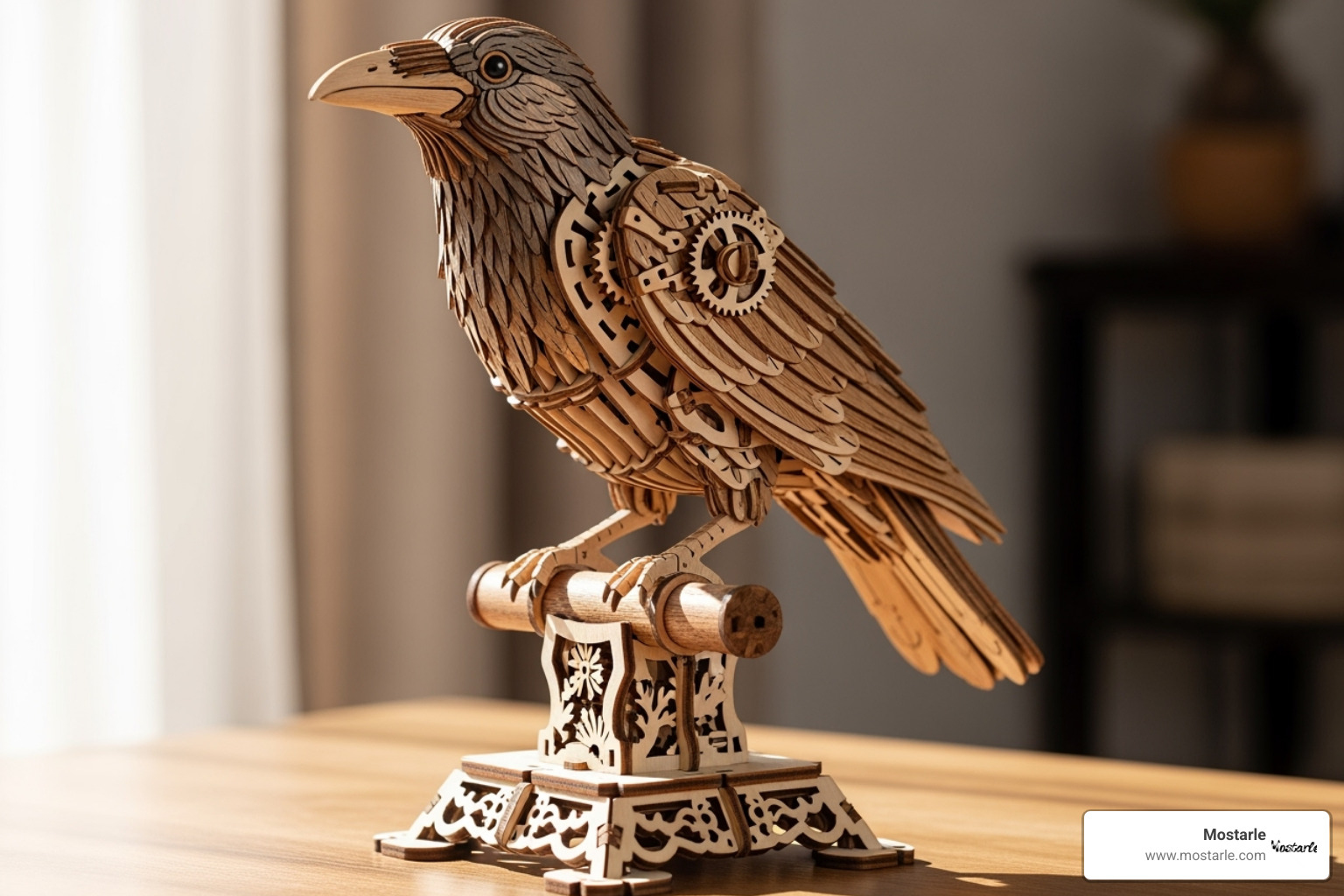 completed mechanical crow puzzle perched on its stand - mechanical 3d wooden puzzle bat completed mechanical crow puzzle perched on its stand - mechanical 3d wooden puzzle bat