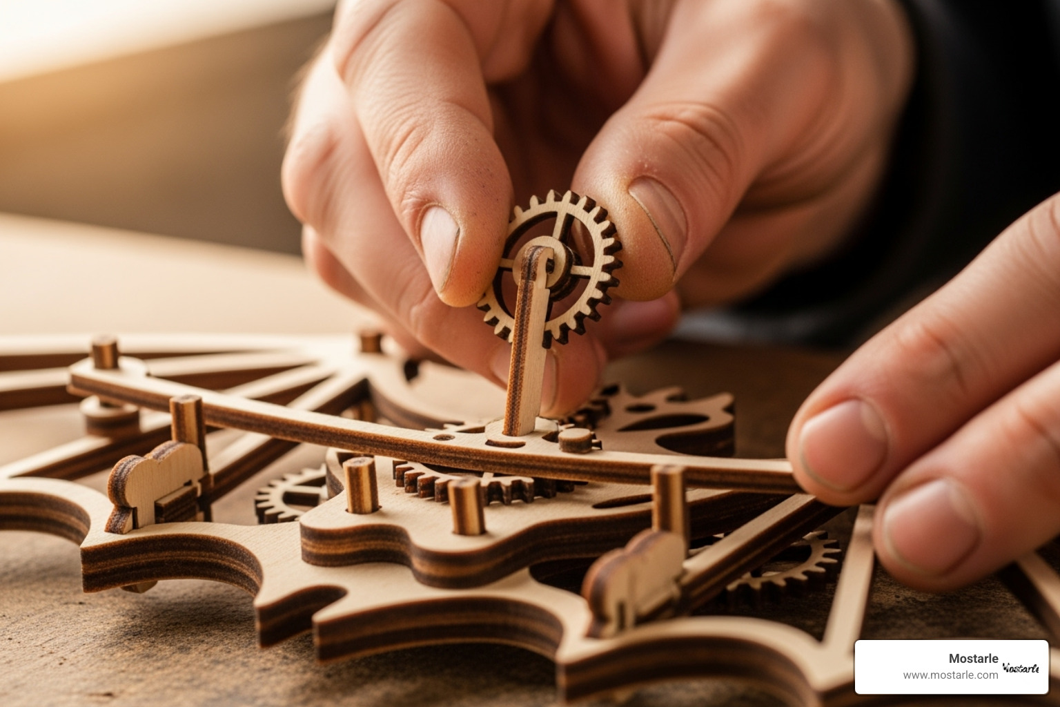 hands carefully fitting a gear into the wing mechanism of a wooden bat puzzle - mechanical 3d wooden puzzle bat hands carefully fitting a gear into the wing mechanism of a wooden bat puzzle - mechanical 3d wooden puzzle bat