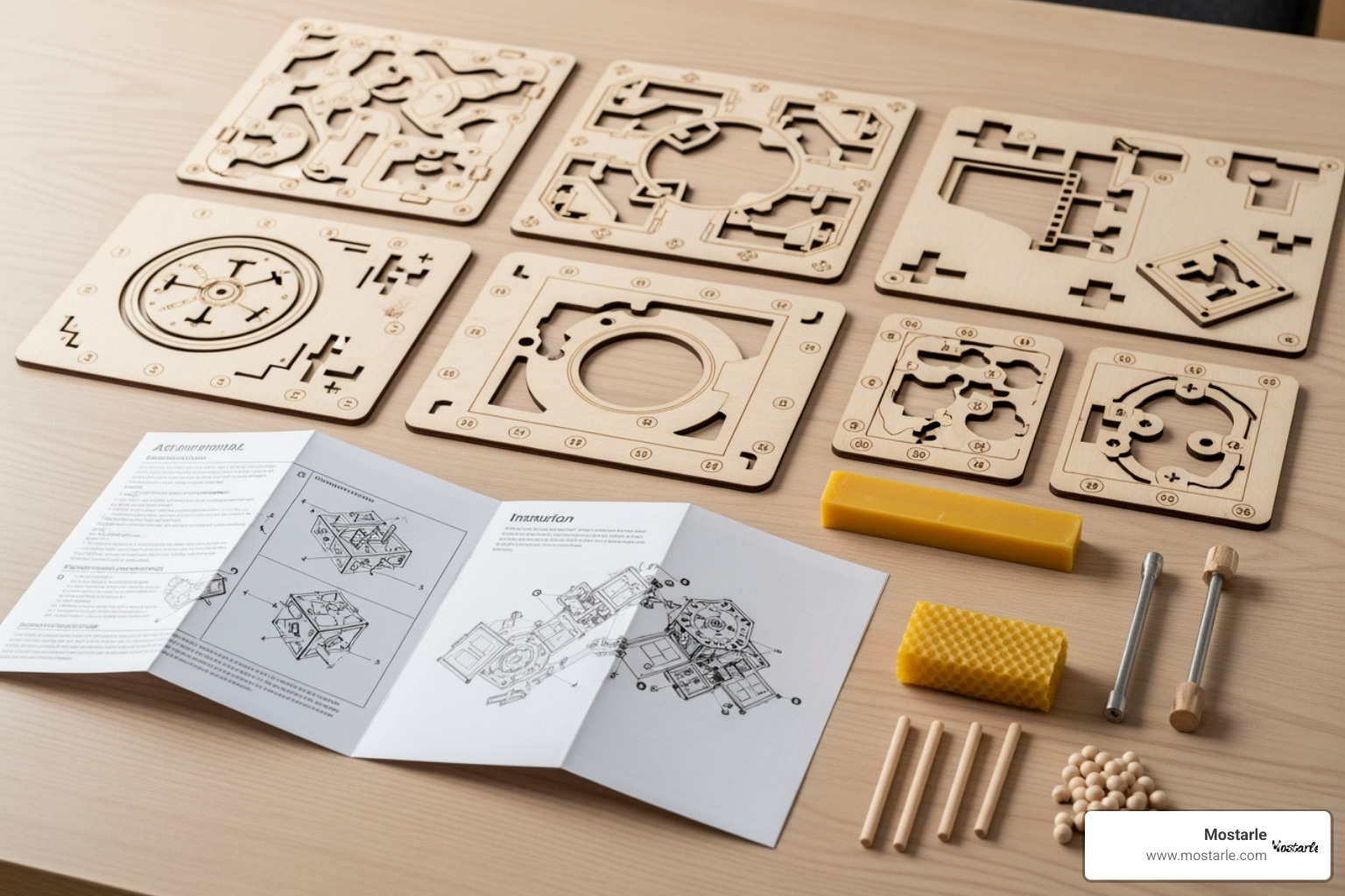 unboxed 3D wooden puzzle kit showing the neatly arranged laser-cut plywood sheets, instructions, and small parts like wax and pins - mechanical 3d wooden puzzle bat unboxed 3D wooden puzzle kit showing the neatly arranged laser-cut plywood sheets, instructions, and small parts like wax and pins - mechanical 3d wooden puzzle bat