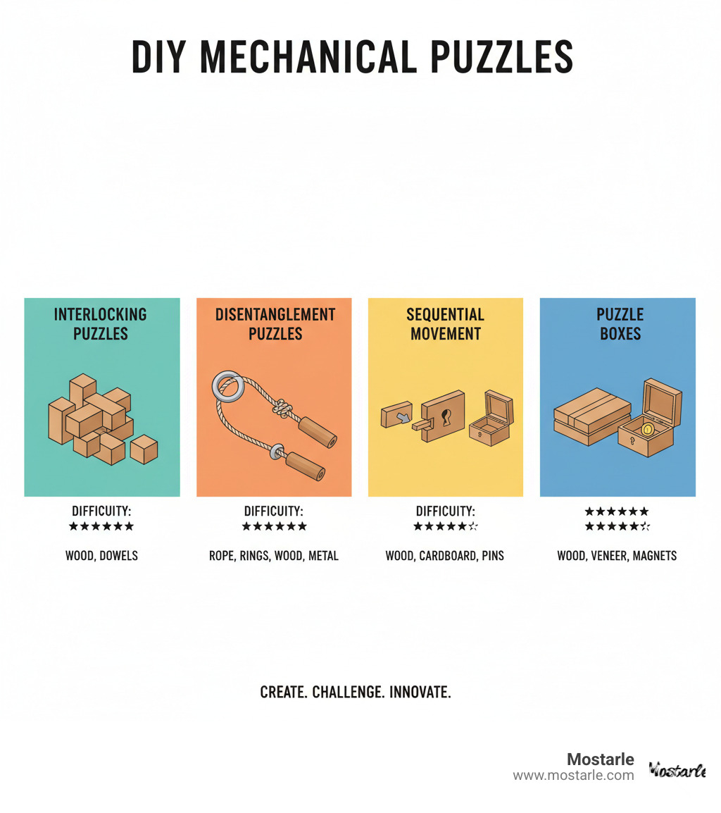 Infographic showing four main categories of DIY mechanical puzzles: Interlocking puzzles with wooden blocks fitting together, Dismess puzzles showing rope and ring combinations, Sequential Movement puzzles displaying step-by-step open uping mechanisms, and Puzzle Boxes featuring hidden compartments and sliding panels, each with difficulty ratings and common materials listed - diy mechanical puzzles infographic Infographic showing four main categories of DIY mechanical puzzles: Interlocking puzzles with wooden blocks fitting together, Dismess puzzles showing rope and ring combinations, Sequential Movement puzzles displaying step-by-step open uping mechanisms, and Puzzle Boxes featuring hidden compartments and sliding panels, each with difficulty ratings and common materials listed - diy mechanical puzzles infographic