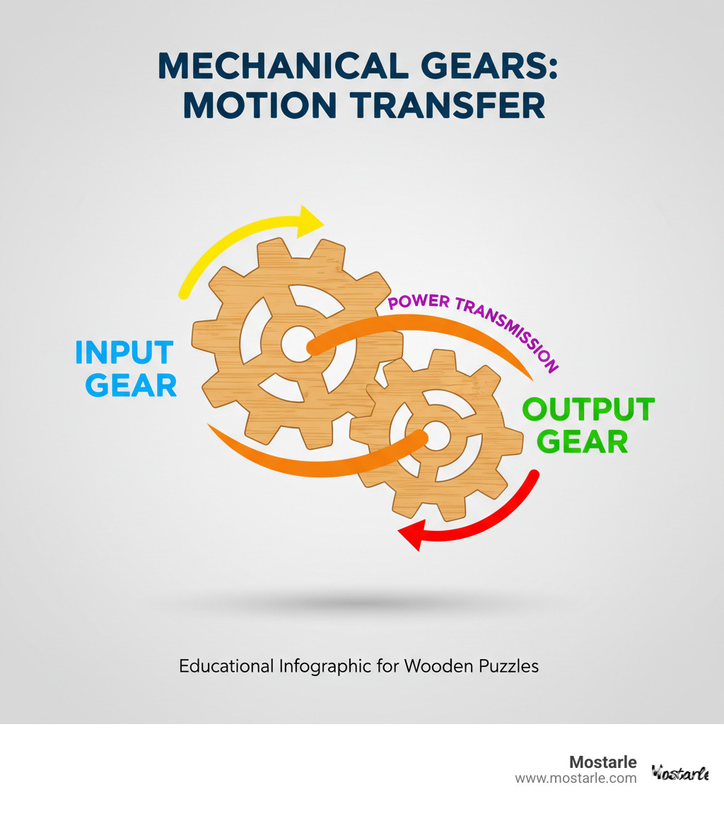 Infographic showing two interlocking wooden gears demonstrating how rotational motion transfers from one gear to another, with arrows indicating direction of movement and labels showing input gear, output gear, and power transmission - mechanical gears 3d wooden puzzle infographic  Infographic showing two interlocking wooden gears demonstrating how rotational motion transfers from one gear to another, with arrows indicating direction of movement and labels showing input gear, output gear, and power transmission - mechanical gears 3d wooden puzzle infographic