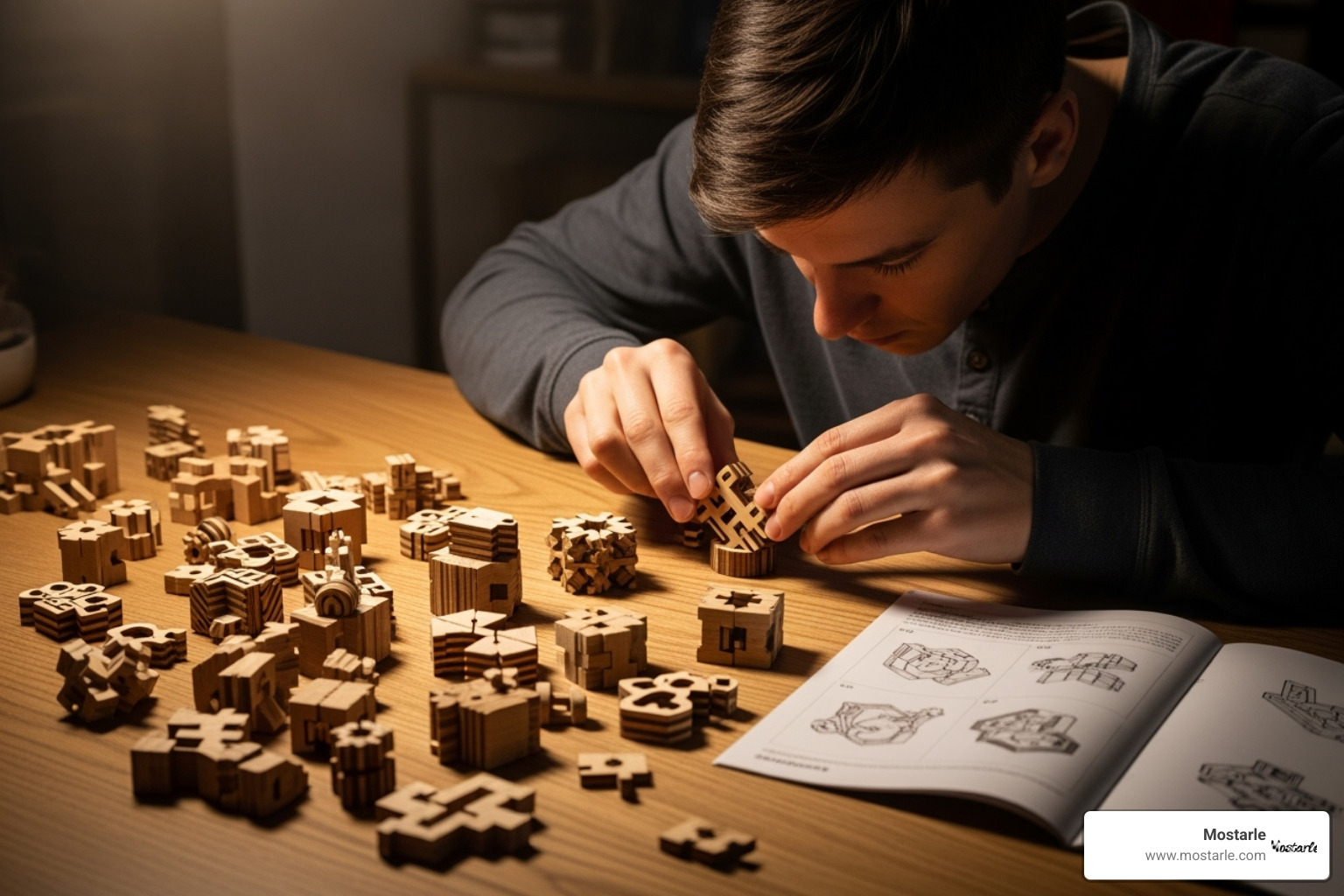 A person focused on assembling a complex 3D wooden puzzle, with various small wooden pieces laid out on a table around them - 3d wooden puzzles A person focused on assembling a complex 3D wooden puzzle, with various small wooden pieces laid out on a table around them - 3d wooden puzzles