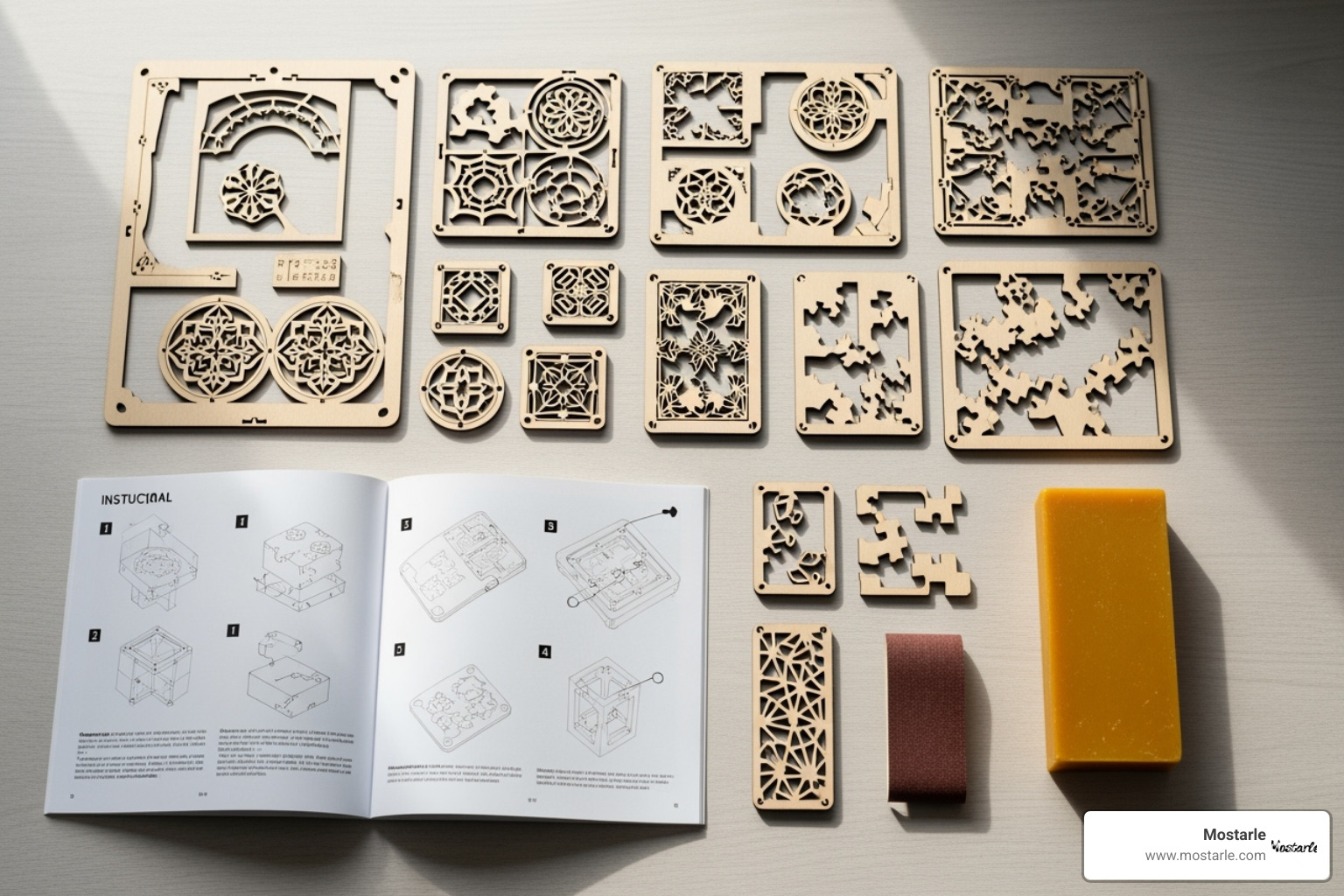 flat lay showing laser-cut wooden sheets, instructions, and included tools - mechanical gears 3d wooden puzzle flat lay showing laser-cut wooden sheets, instructions, and included tools - mechanical gears 3d wooden puzzle