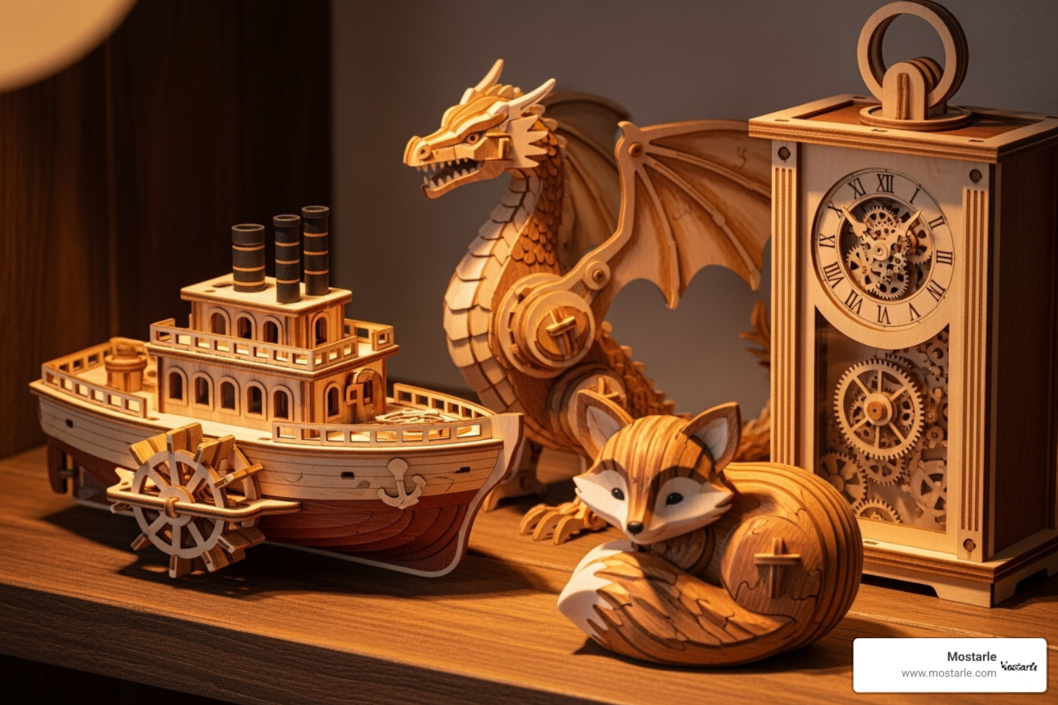 A vibrant collection of diverse finished 3D wooden puzzles, including a detailed steamboat, a majestic dragon, an intricate clock, and a cute animal figure, displayed on a shelf - 3d wooden puzzles A vibrant collection of diverse finished 3D wooden puzzles, including a detailed steamboat, a majestic dragon, an intricate clock, and a cute animal figure, displayed on a shelf - 3d wooden puzzles
