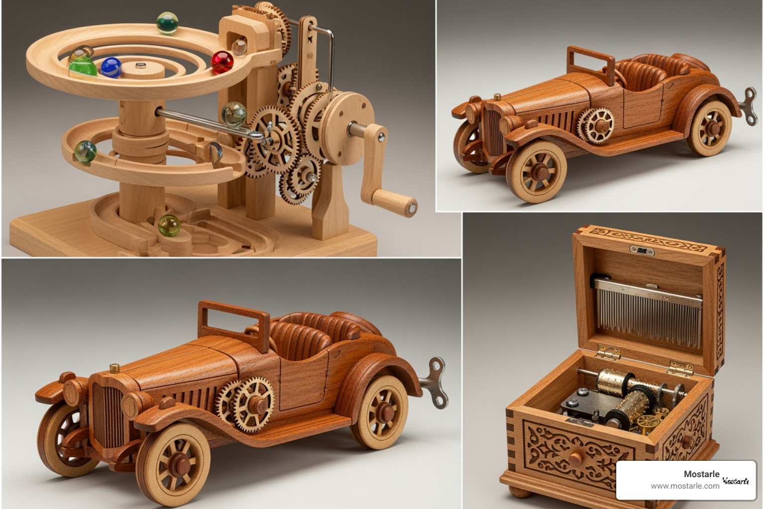 collage showcasing different types of Mostarle mechanical puzzles like a marble run, a vehicle, and a music box - mechanical gears 3d wooden puzzle collage showcasing different types of Mostarle mechanical puzzles like a marble run, a vehicle, and a music box - mechanical gears 3d wooden puzzle