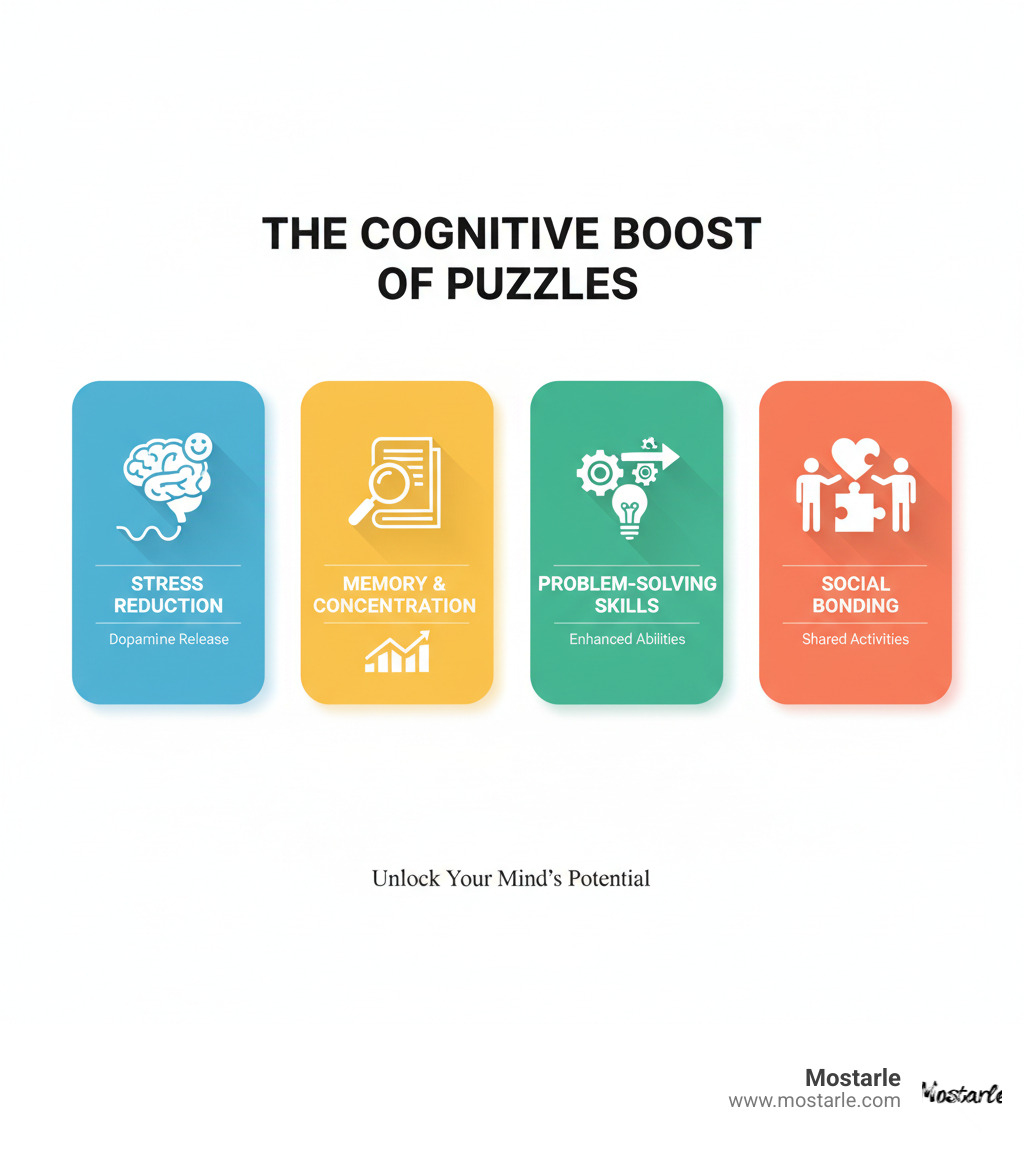 Infographic showing the cognitive benefits of puzzle solving including stress reduction through dopamine release, improved memory and concentration, improved problem-solving skills, and social bonding opportunities when puzzles are shared activities - gifts for adult who likes puzzles infographic Infographic showing the cognitive benefits of puzzle solving including stress reduction through dopamine release, improved memory and concentration, improved problem-solving skills, and social bonding opportunities when puzzles are shared activities - gifts for adult who likes puzzles infographic