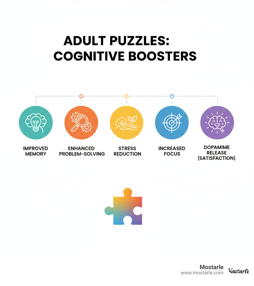 Infographic showing the cognitive benefits of adult puzzles including improved memory, improved problem-solving skills, stress reduction, increased focus, and dopamine release from completing challenges - puzzle presents for adults infographic 